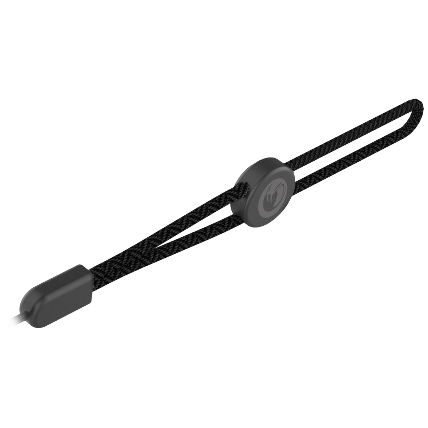 Black lanyard with a gray adjuster and a logo.