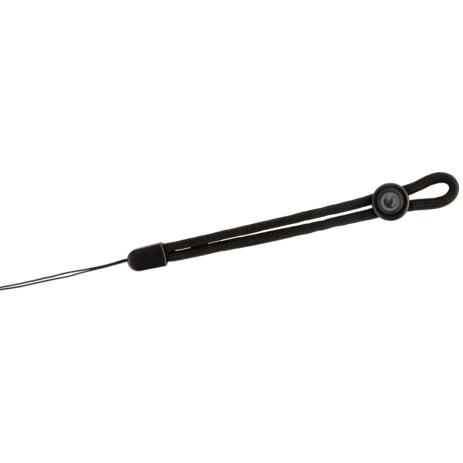 Black lanyard with adjustable slider and loop, for devices.