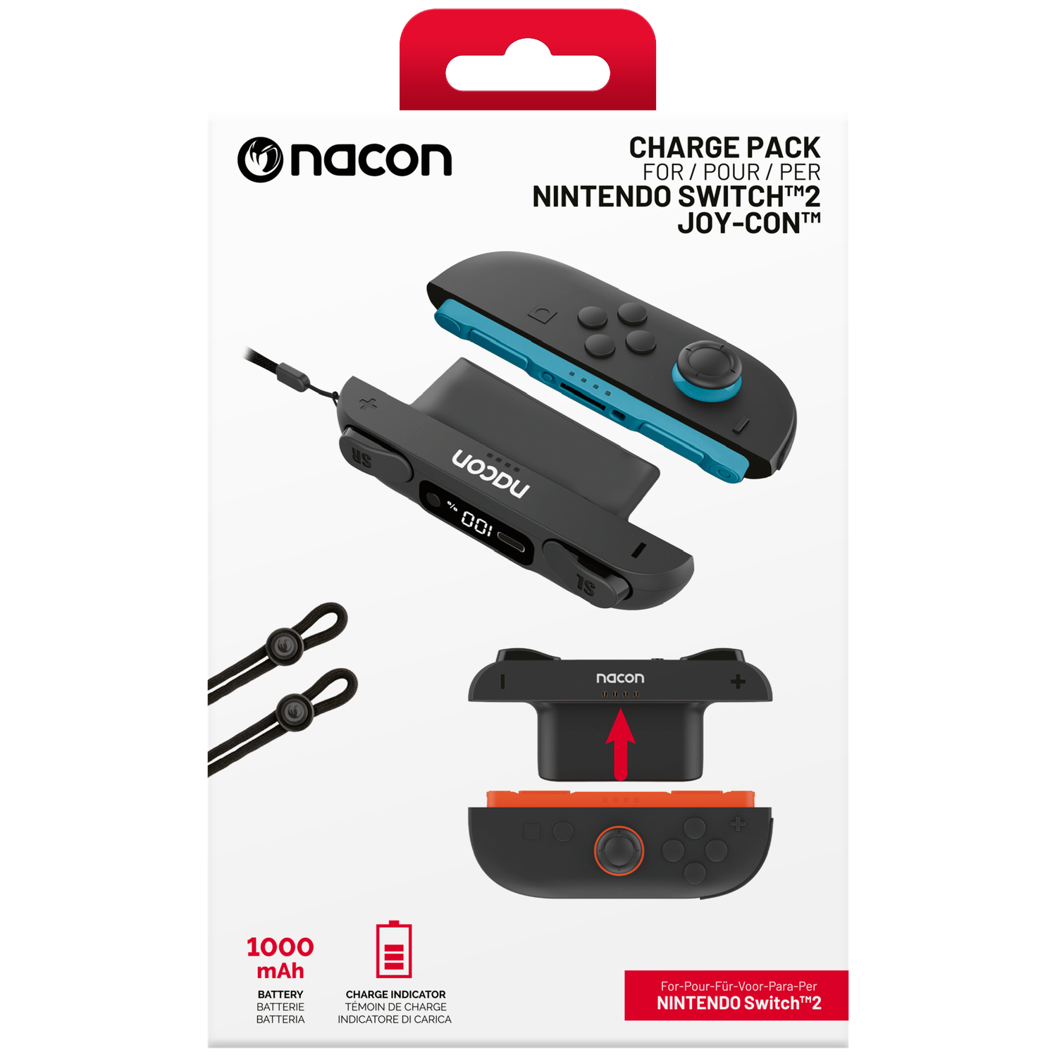Nacon Joy-Con charge pack for Nintendo Switch, with cable and display.