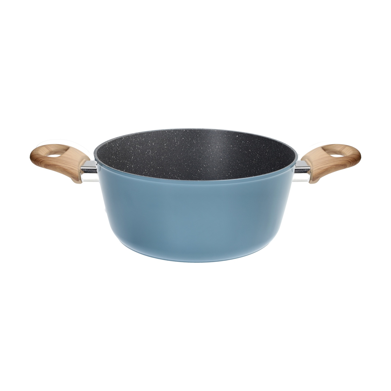 Una pentola blu con manici in legno e interno grigio.