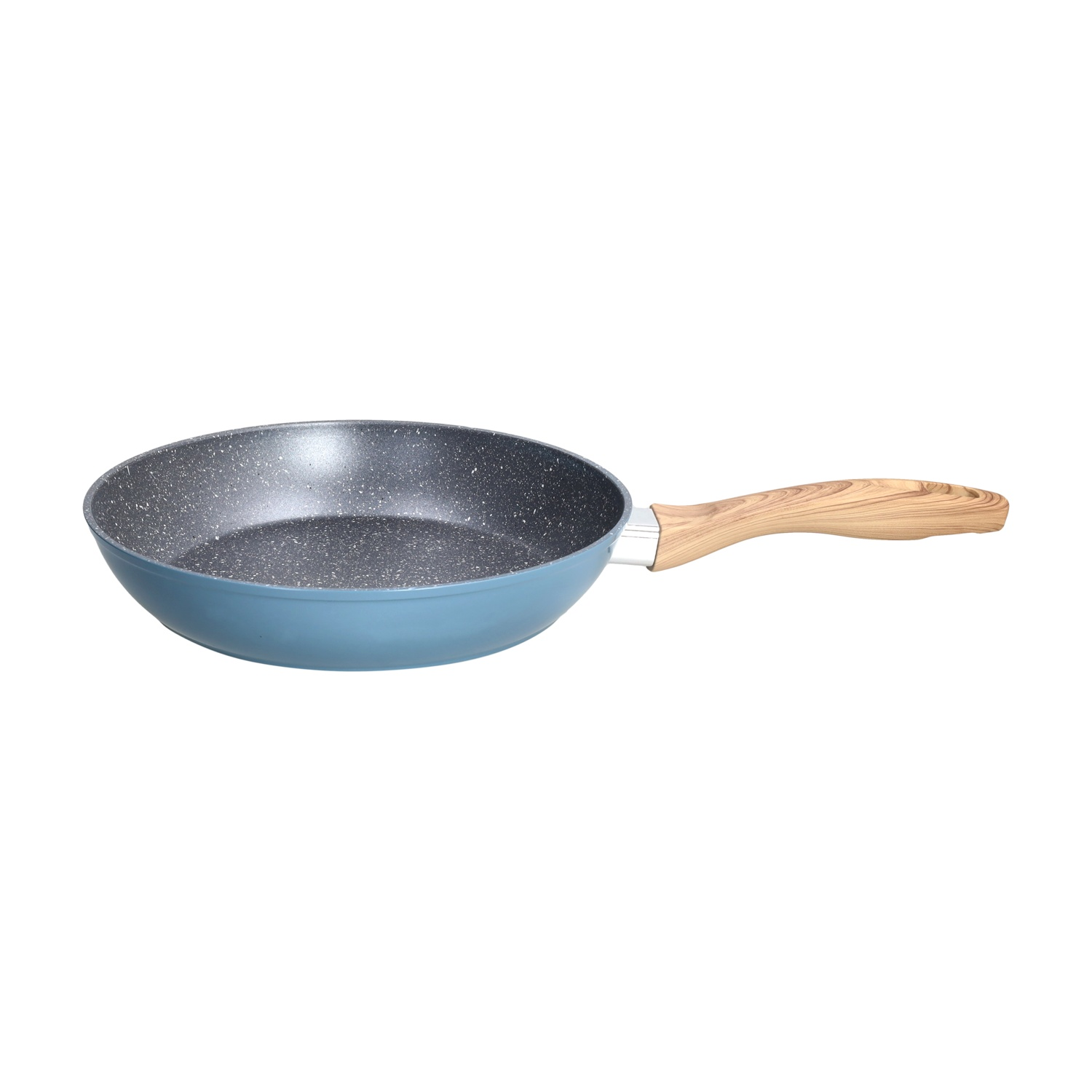 Padella blu con manico in legno e rivestimento effetto pietra.