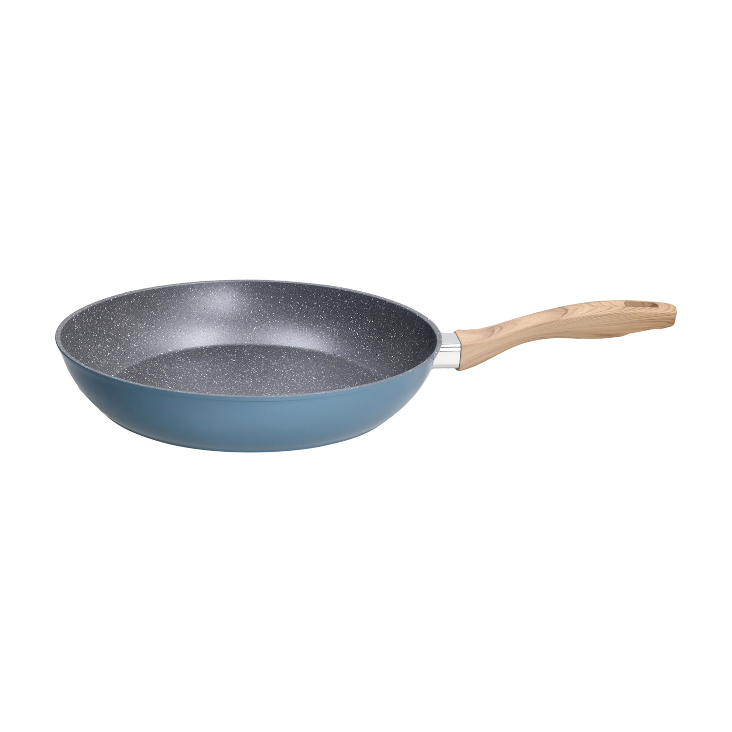 Una padella blu con manico in legno e interno effetto pietra.
