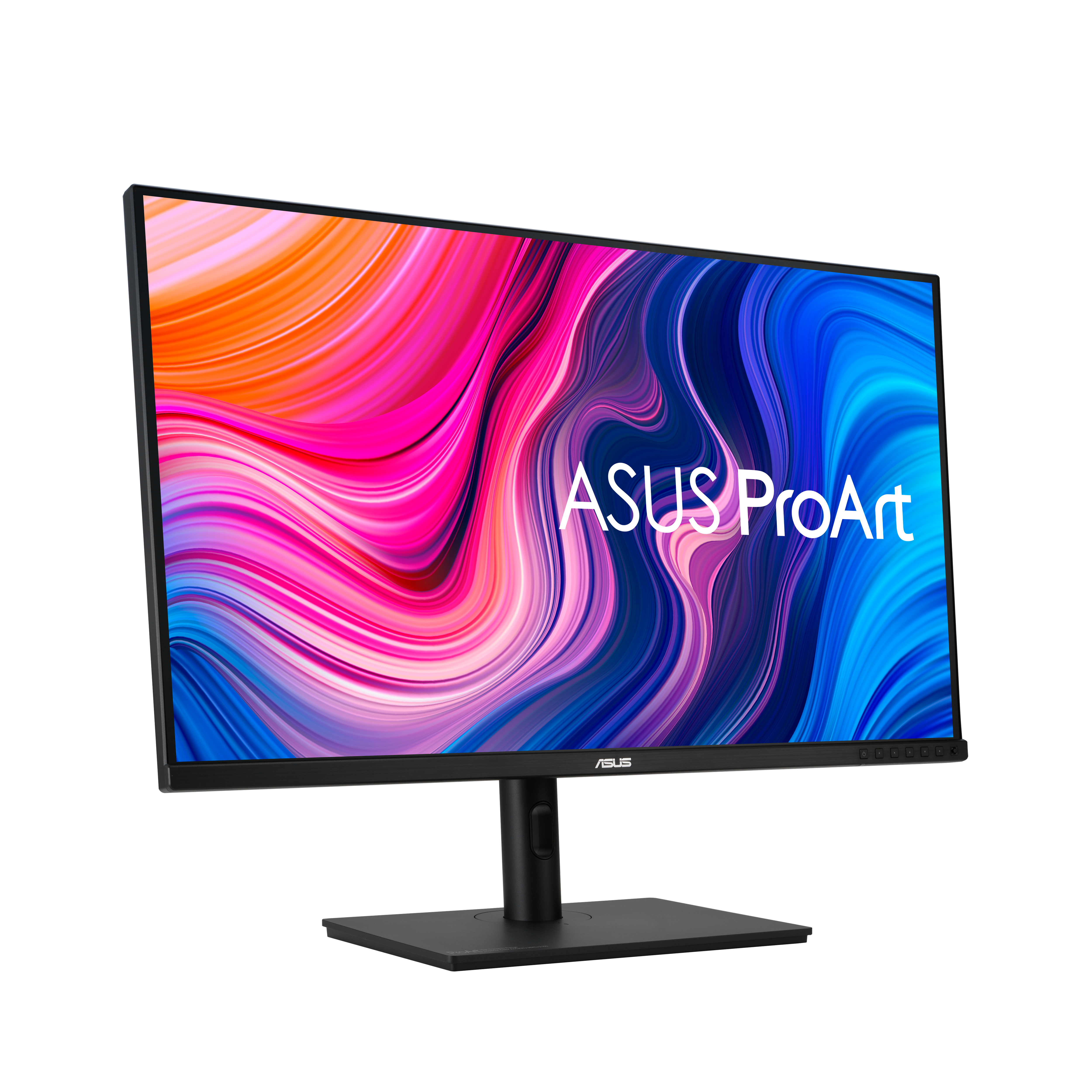 Czarny monitor z kolorową grafiką abstrakcyjną i logo ASUS ProArt.