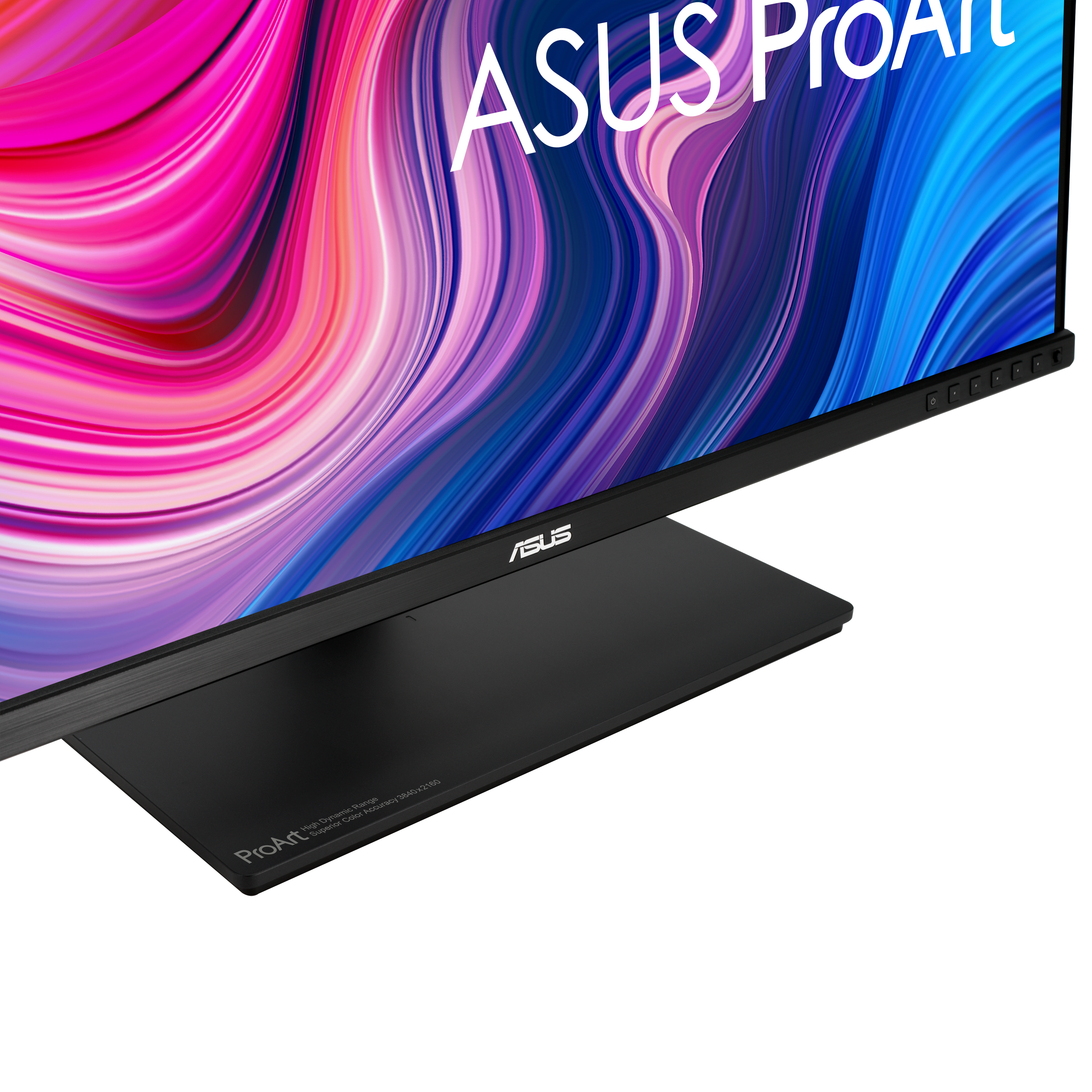 Czarny stojak monitora z logo ASUS ProArt i kolorowym tłem.