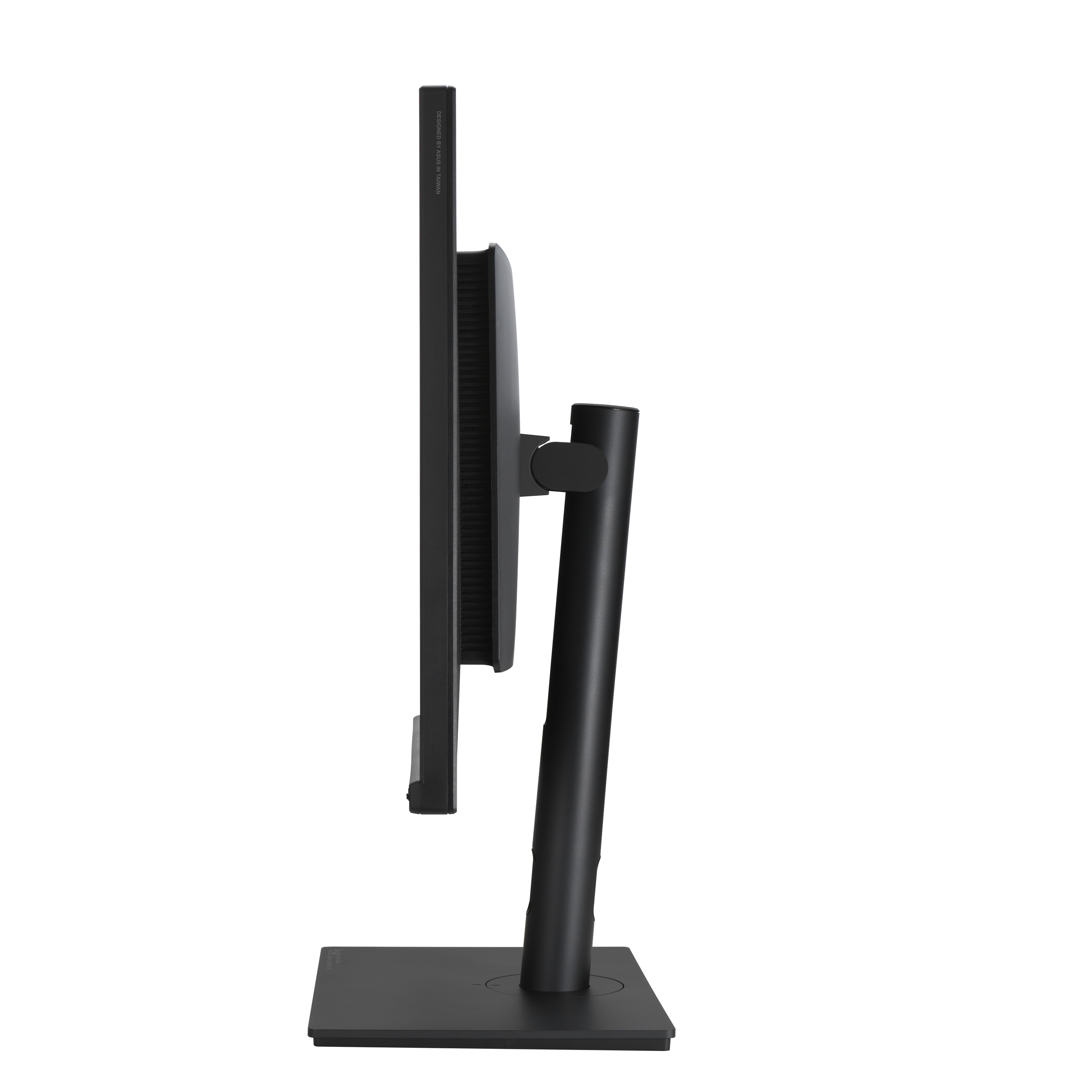 Czarny monitor komputerowy na stojaku, widok z boku. Zaprojektowany przez Asus na Tajwanie.