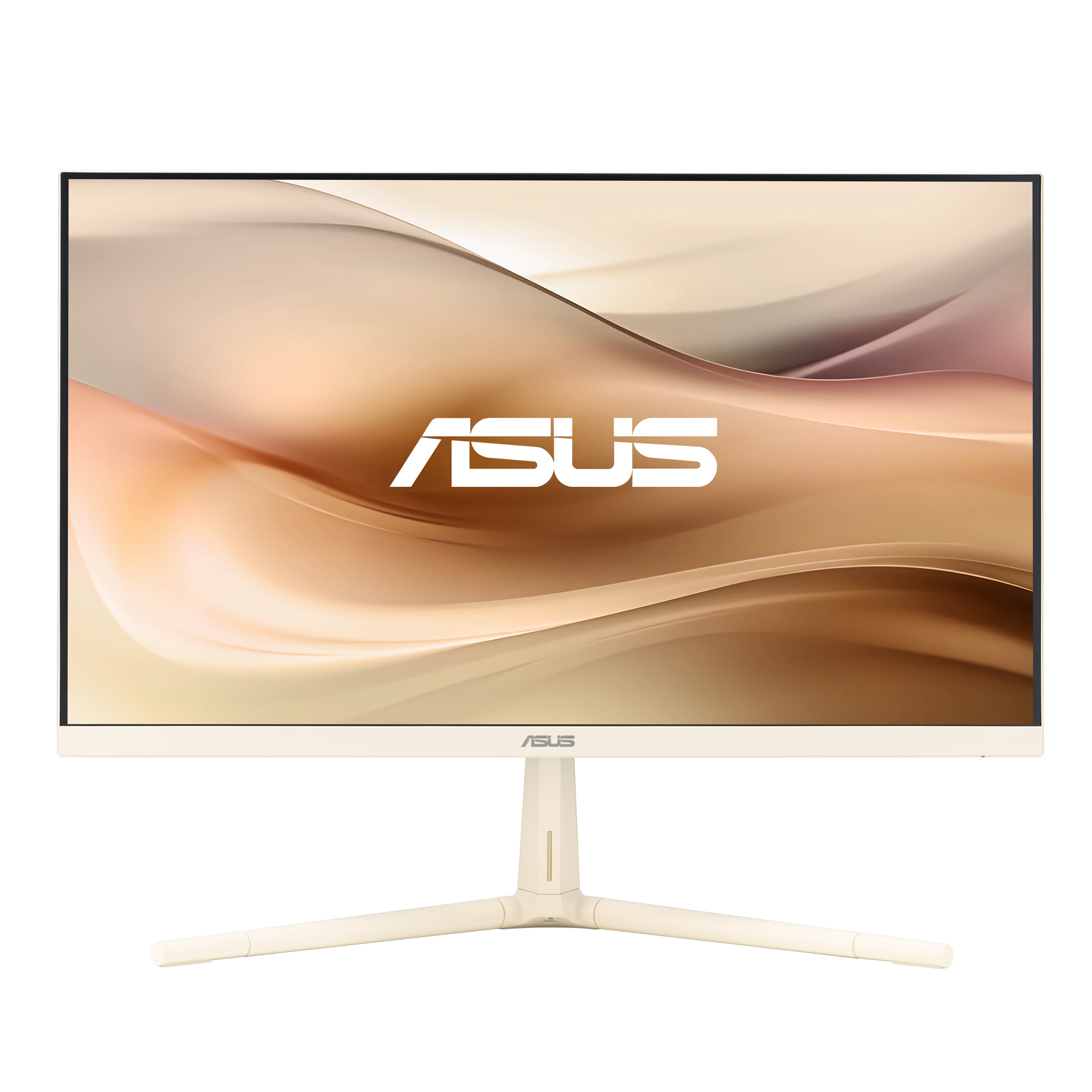 Jasny monitor Asus ze stylizowanym tłem i trójnożnym stojakiem.