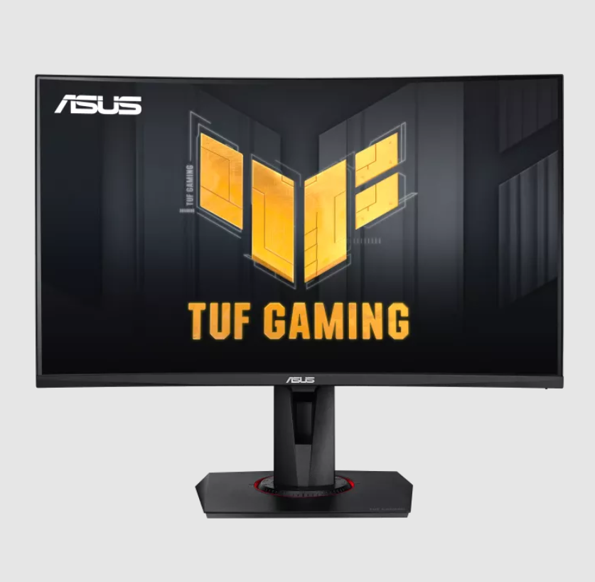Zakrzywiony monitor ASUS TUF Gaming z żółtym logo i napisem na czarnym tle.