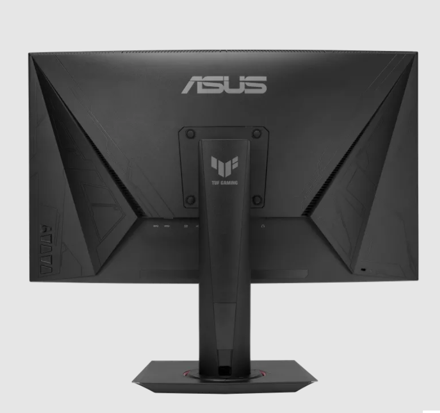 Tył czarnego monitora gamingowego Asus ze srebrnym logo.