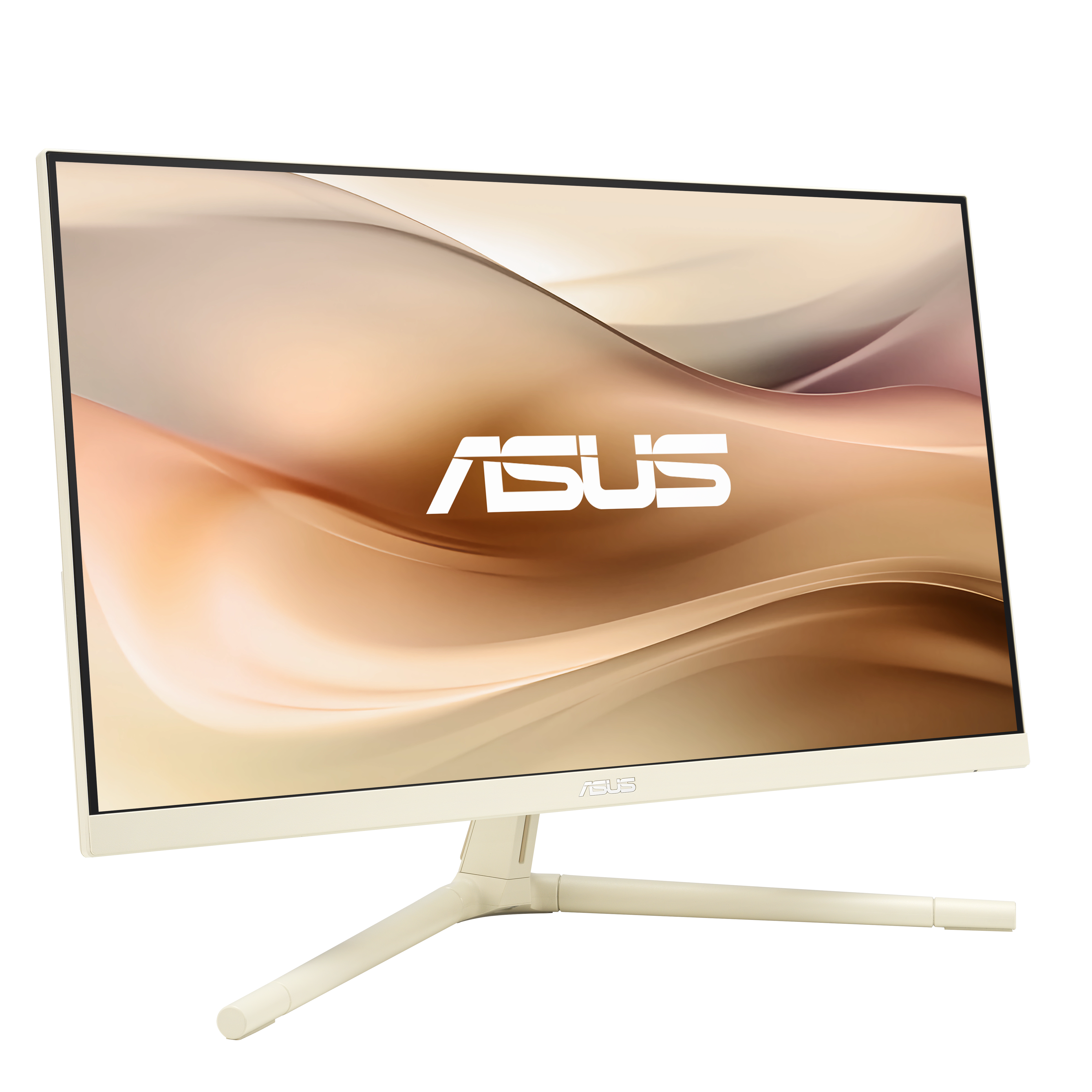Jasny monitor ASUS z abstrakcyjnym tłem i logo ASUS.