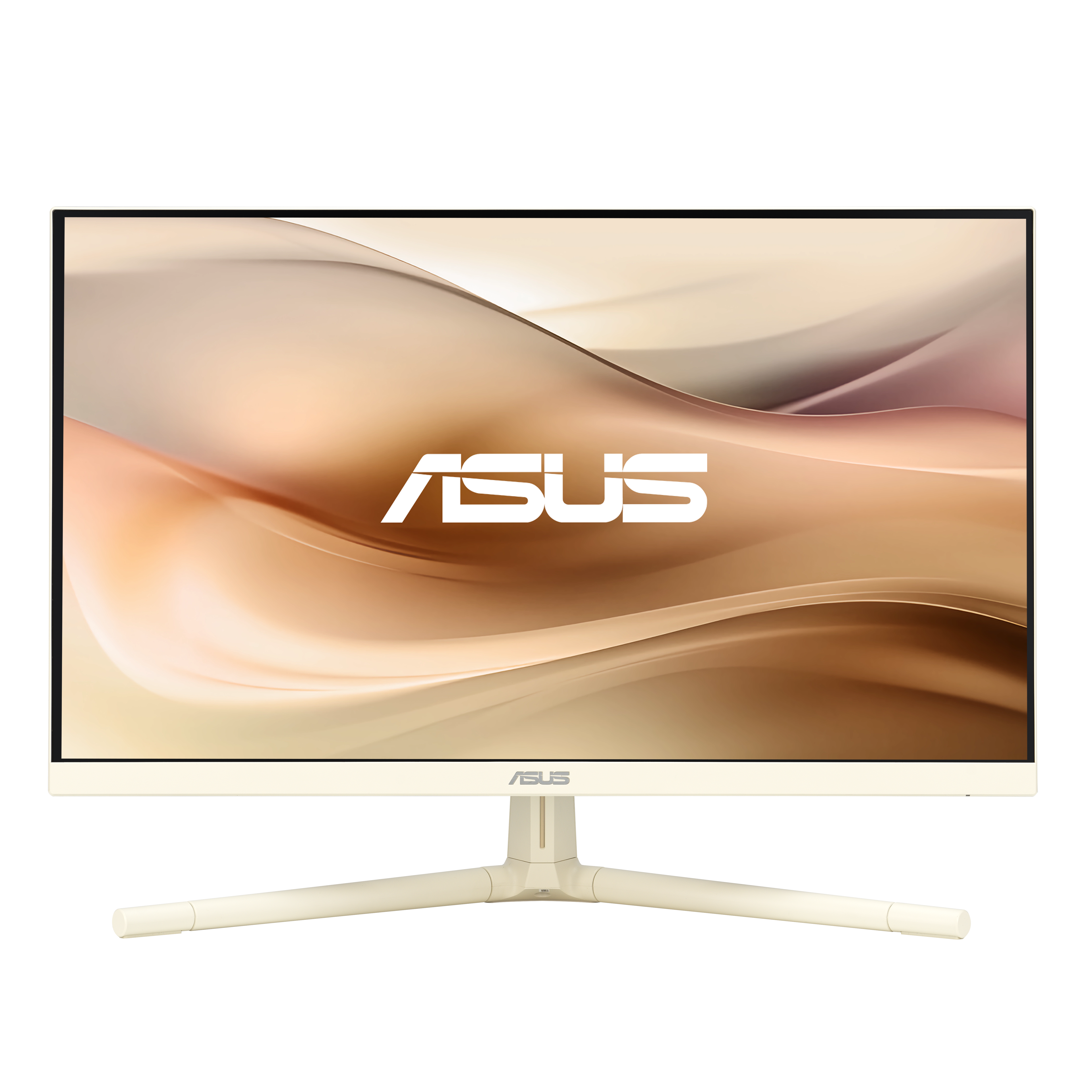 Beżowy monitor ASUS z abstrakcyjnym tłem i logo.
