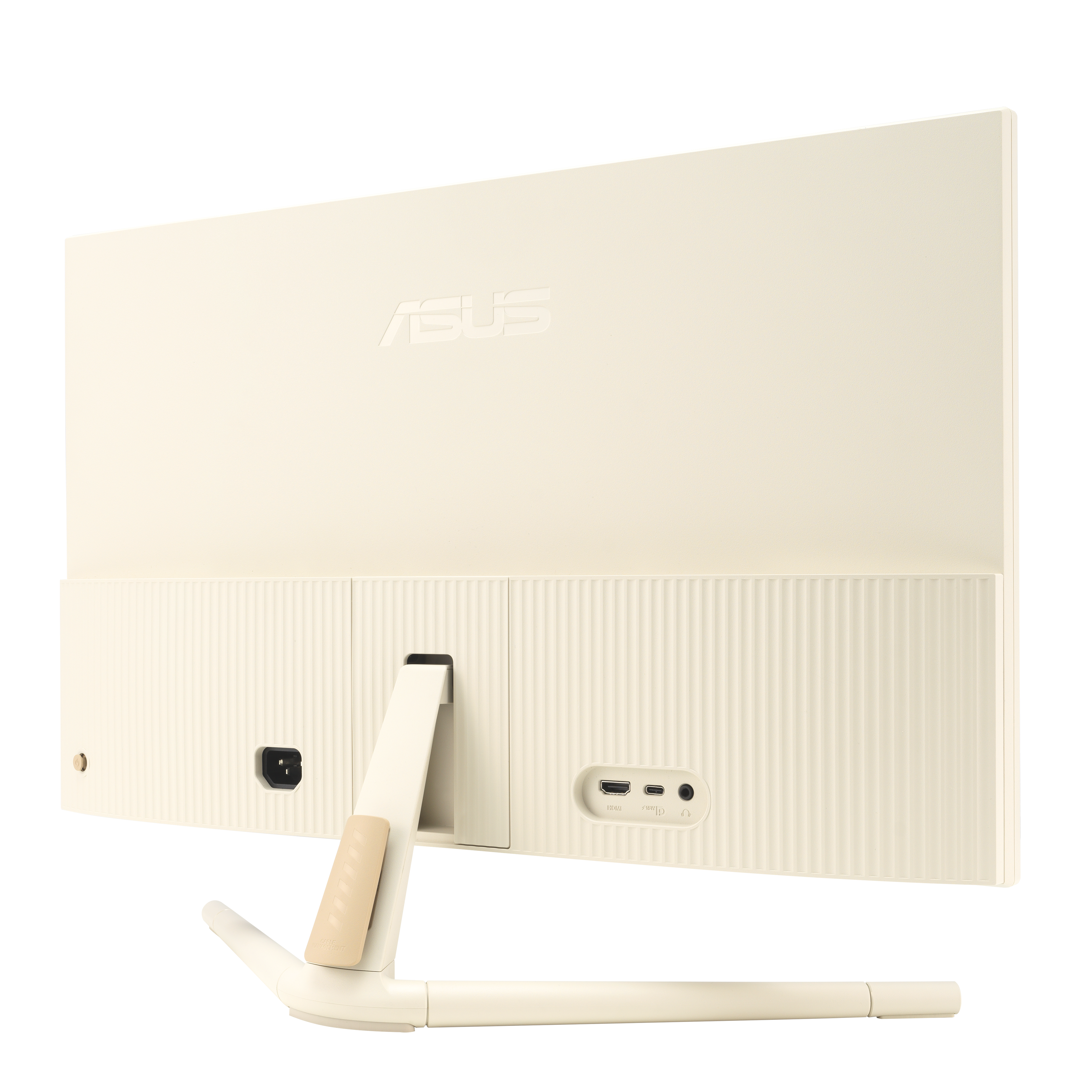 Beżowy tył monitora z portami i podstawą. Logo ASUS u góry.