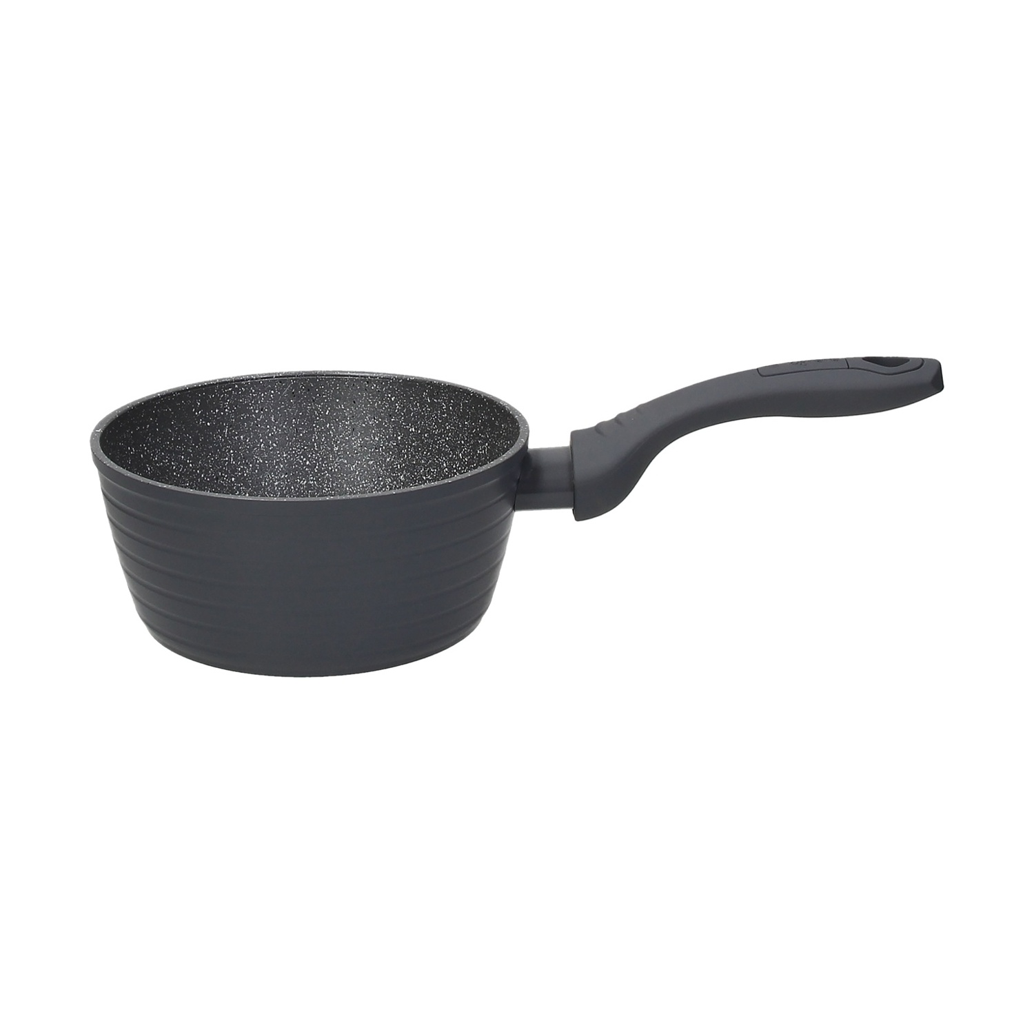 Casseruola grigia con esterno scanalato e manico nero.