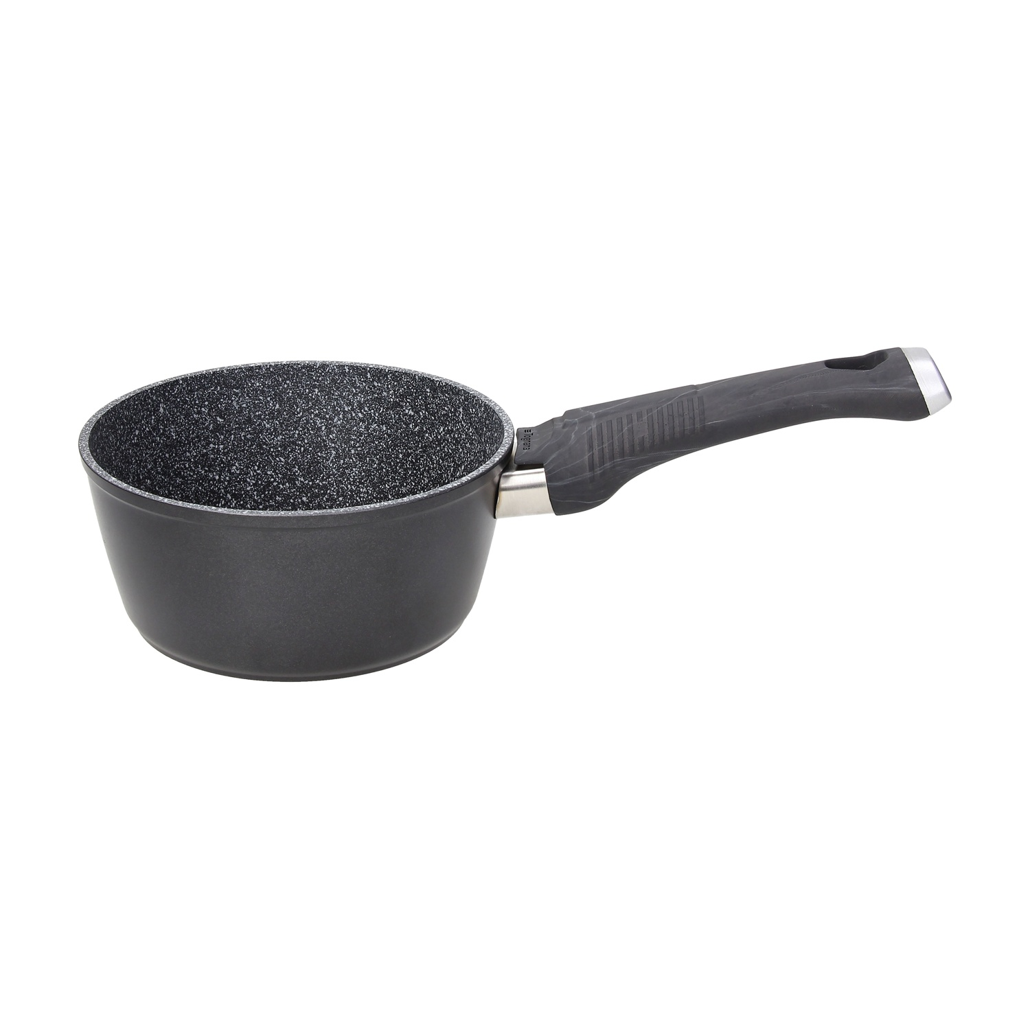 Una pentola scura con un lungo manico nero.