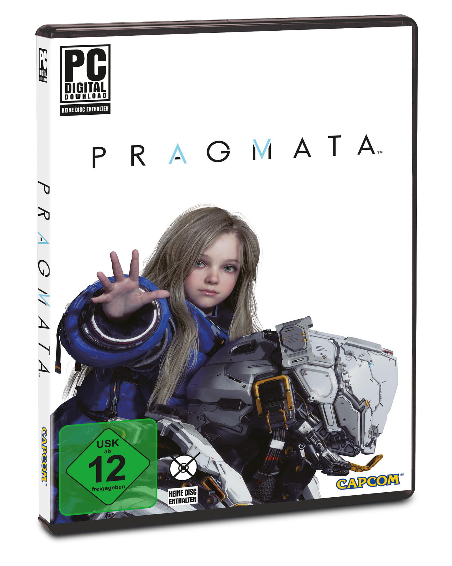 Ein Mädchen in einem blauen Anzug mit einem mechanischen Arm und dem Spieltitel PRAGMATA.