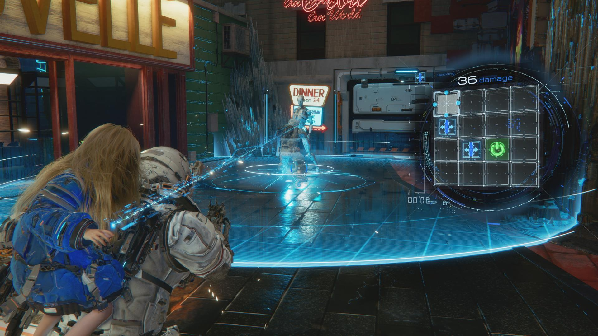 Spieler mit Kind im Arm zielt auf Gegner in futuristischer Stadt. HUD zeigt Hacking-Interface.