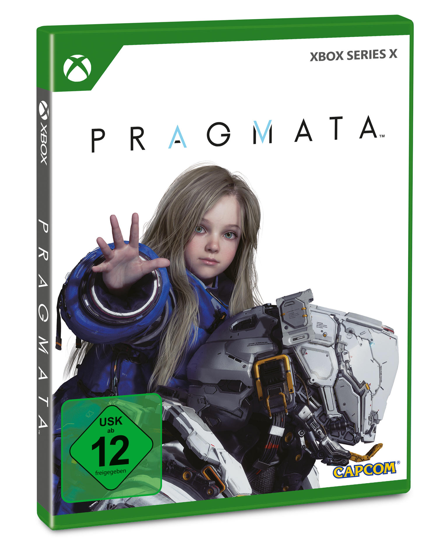 Ein Mädchen mit blauen Rüstungsteilen hebt eine Hand. "Pragmata" Xbox-Spiel.