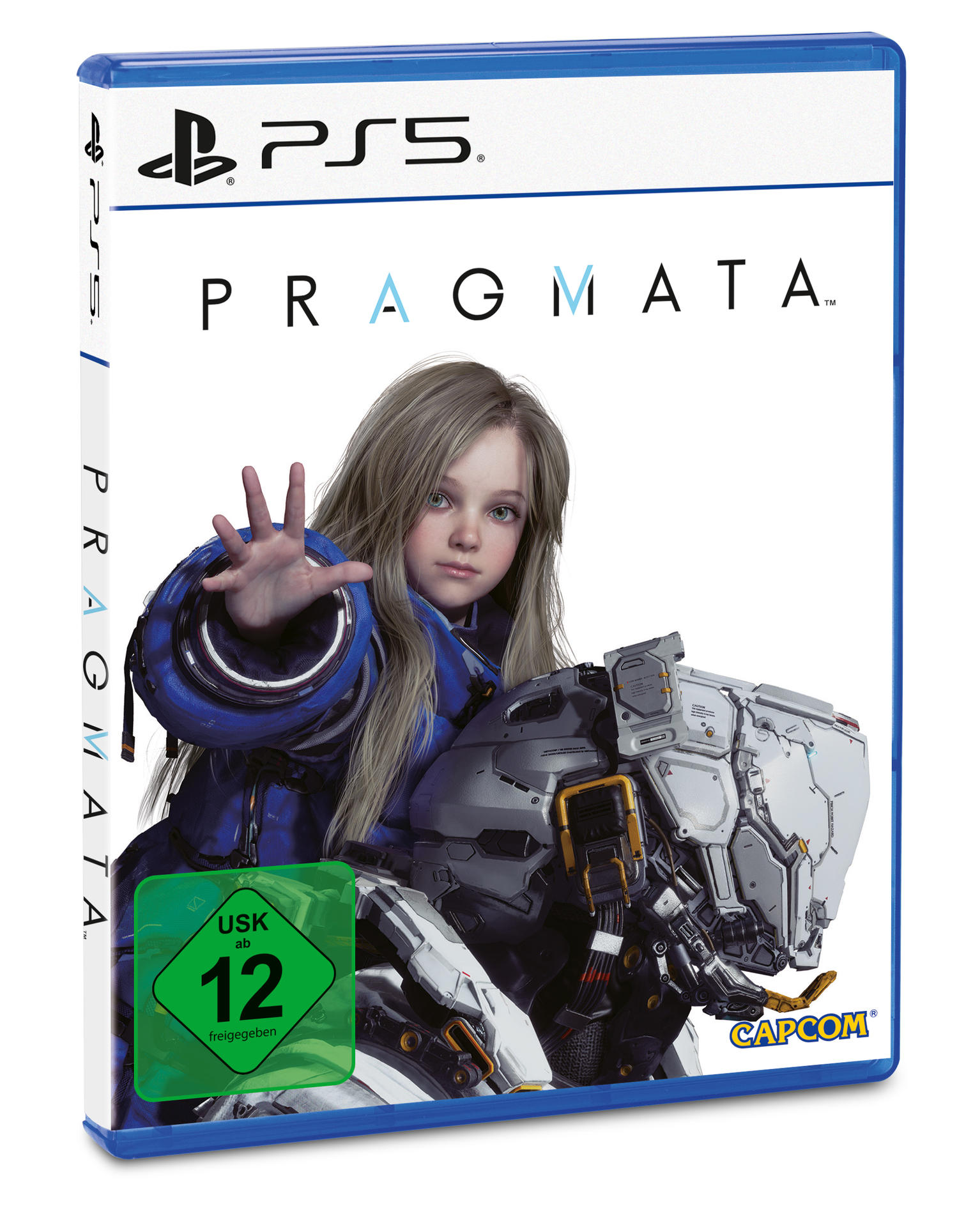PS5 Spiel "Pragmata" Hülle mit Mädchen im Raumanzug und mechanischem Arm.