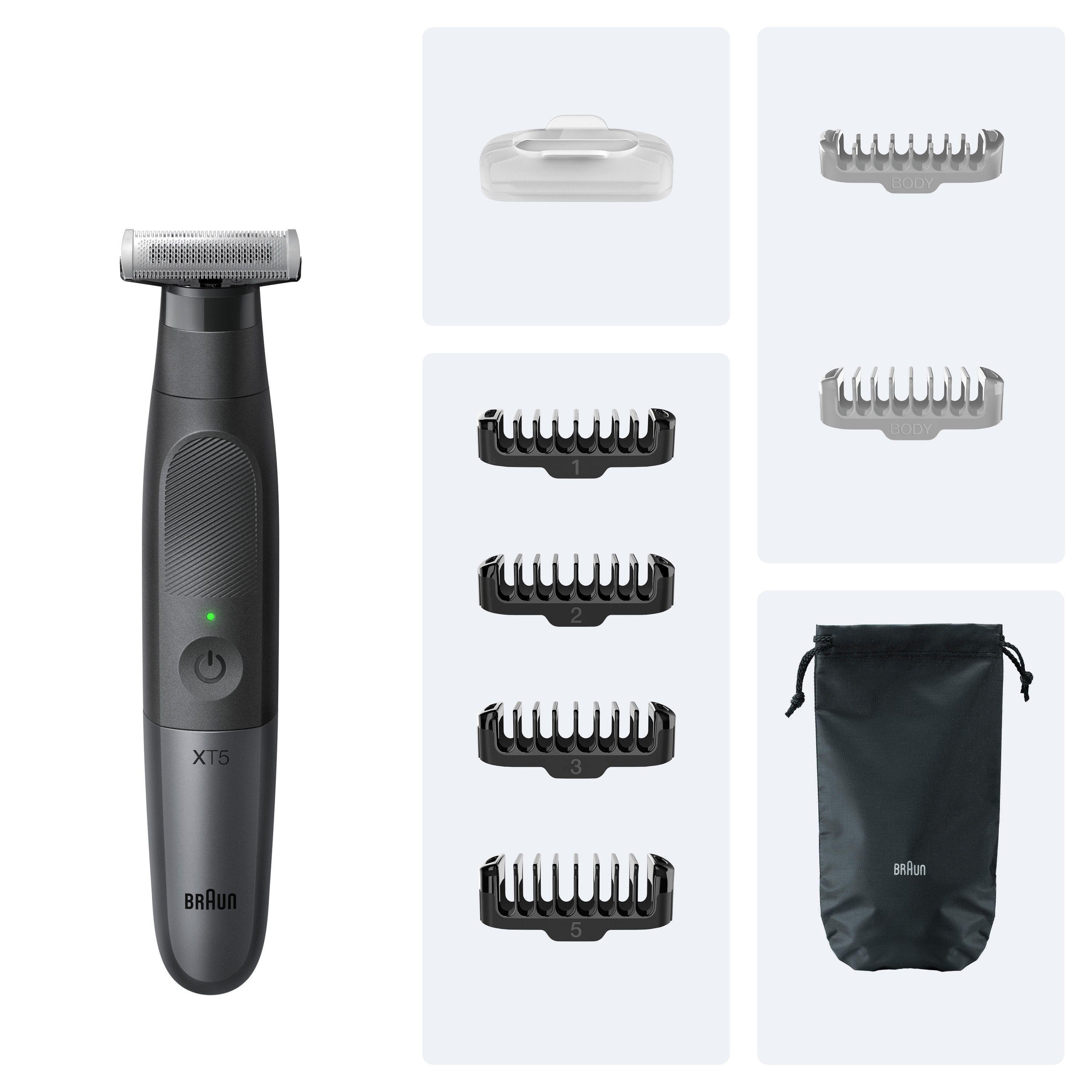 Ein anthrazitfarbener Braun-Trimmer mit Aufsätzen, Kämmen und Beutel.