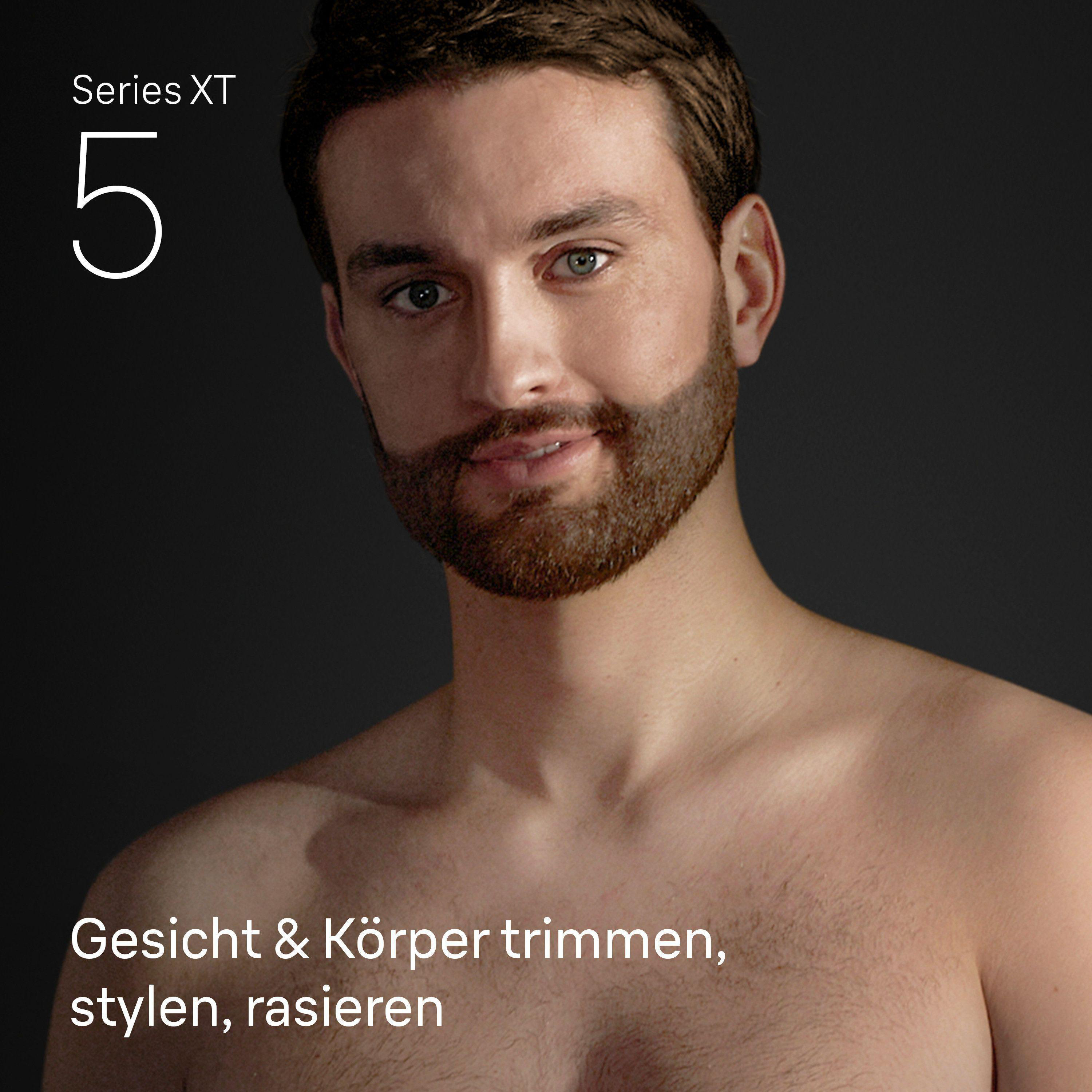 Mann mit Bart und Text 'Serie XT 5'. Gesicht & Körper trimmen.