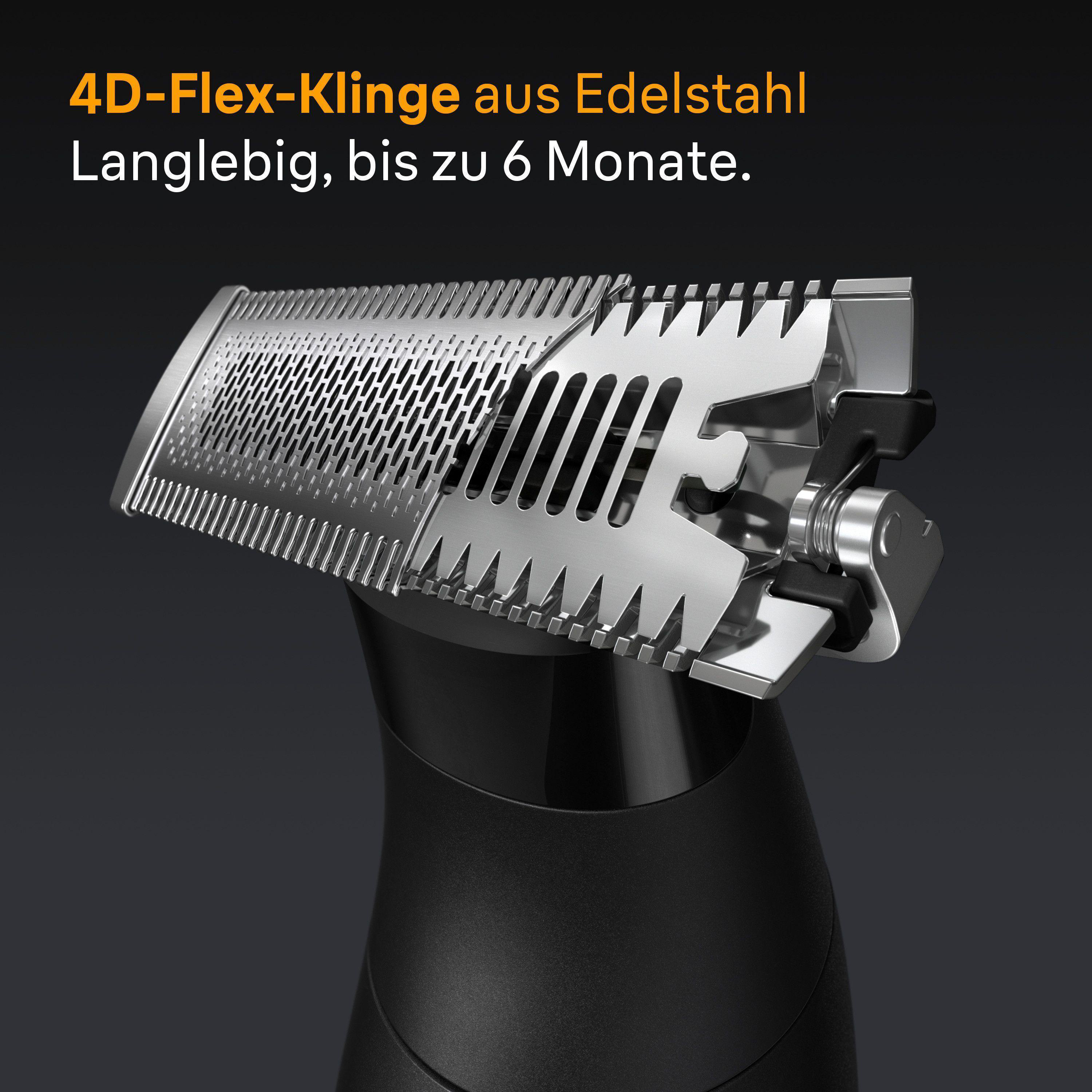 Nahaufnahme des 4D-Flex-Scherkopfes aus Edelstahl eines Trimmers.