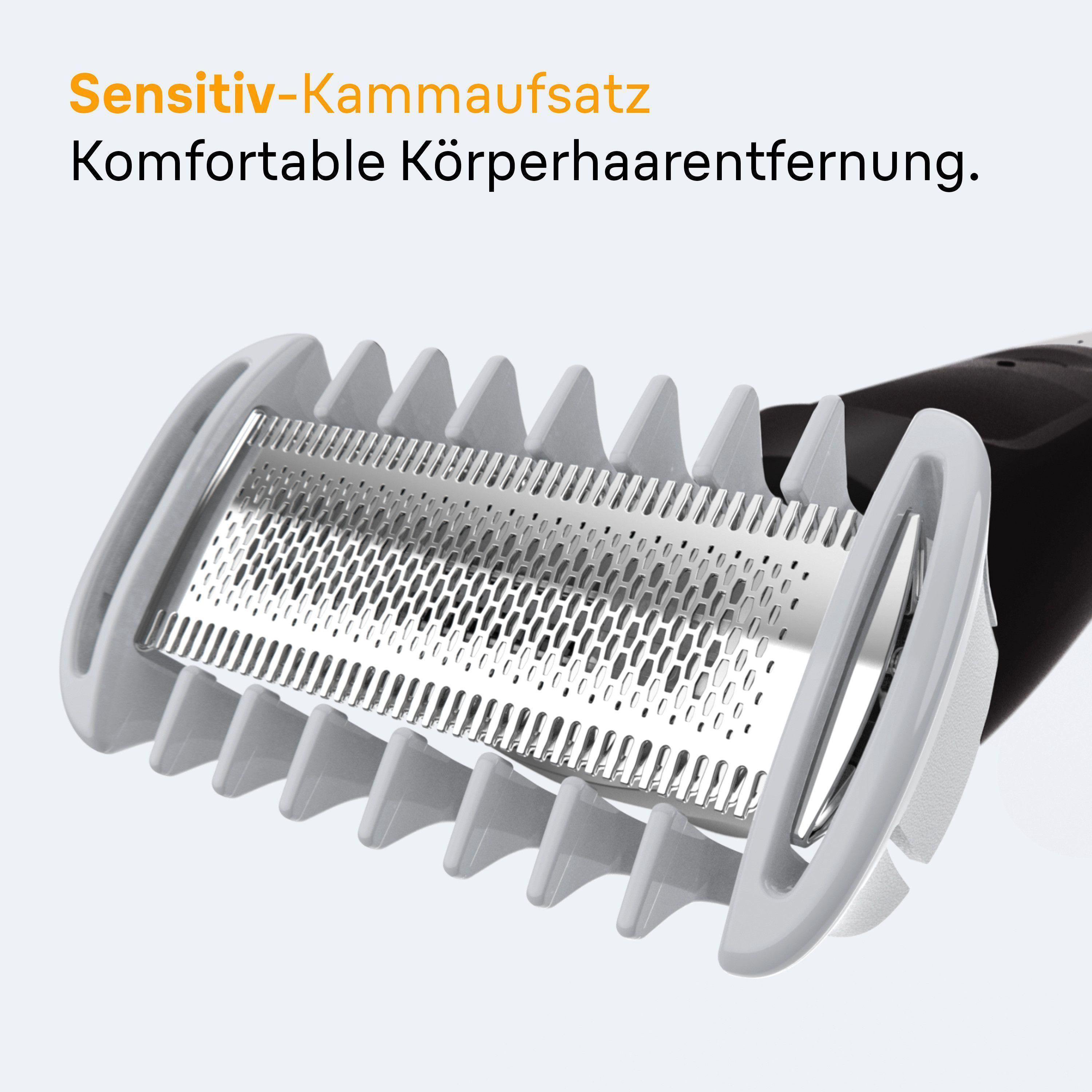 Nahaufnahme eines Rasieraufsatzes mit Metallklinge und weißem Kamm.