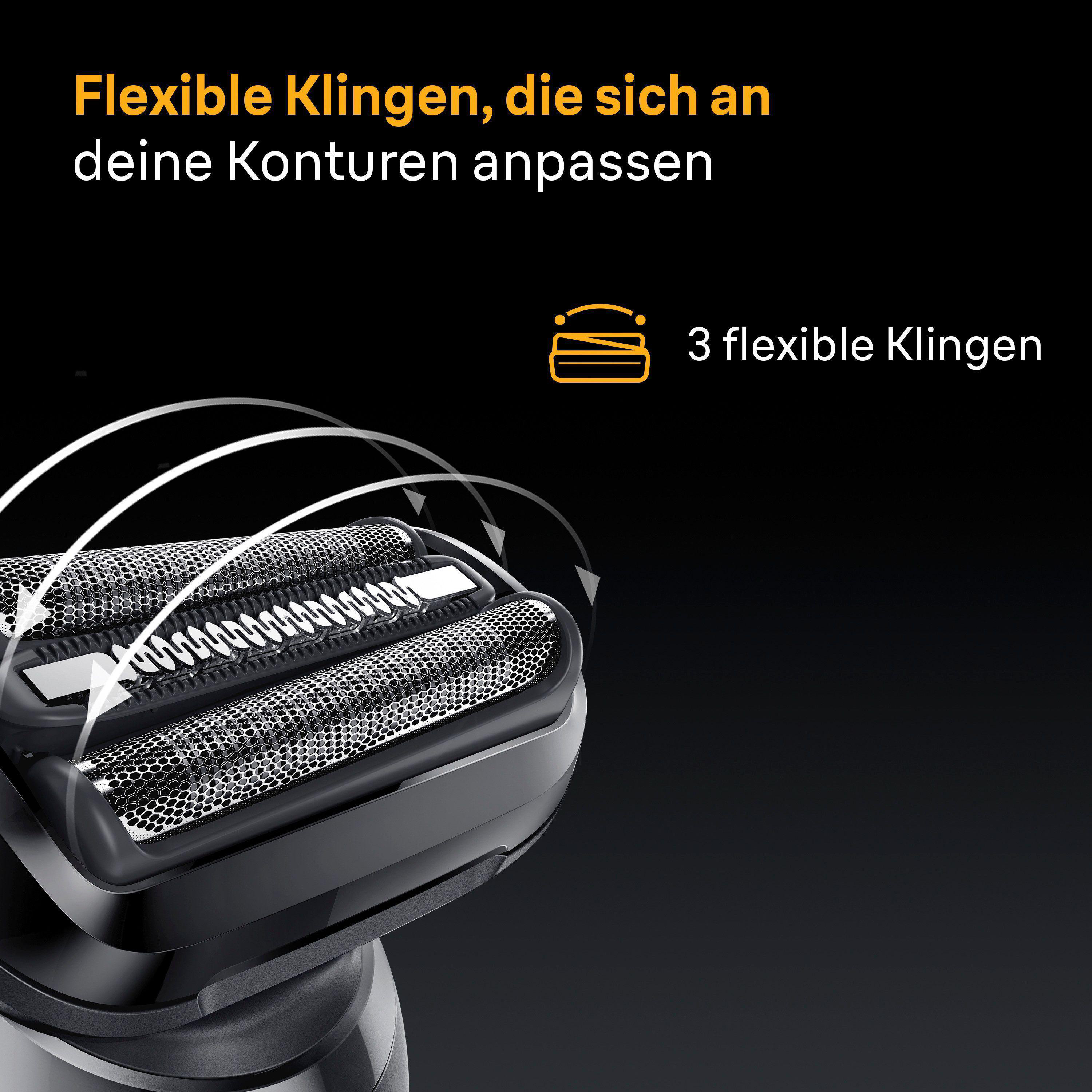 Ein schwarzer Rasierer mit flexiblen Klingen und Pfeilen, die Bewegung anzeigen.