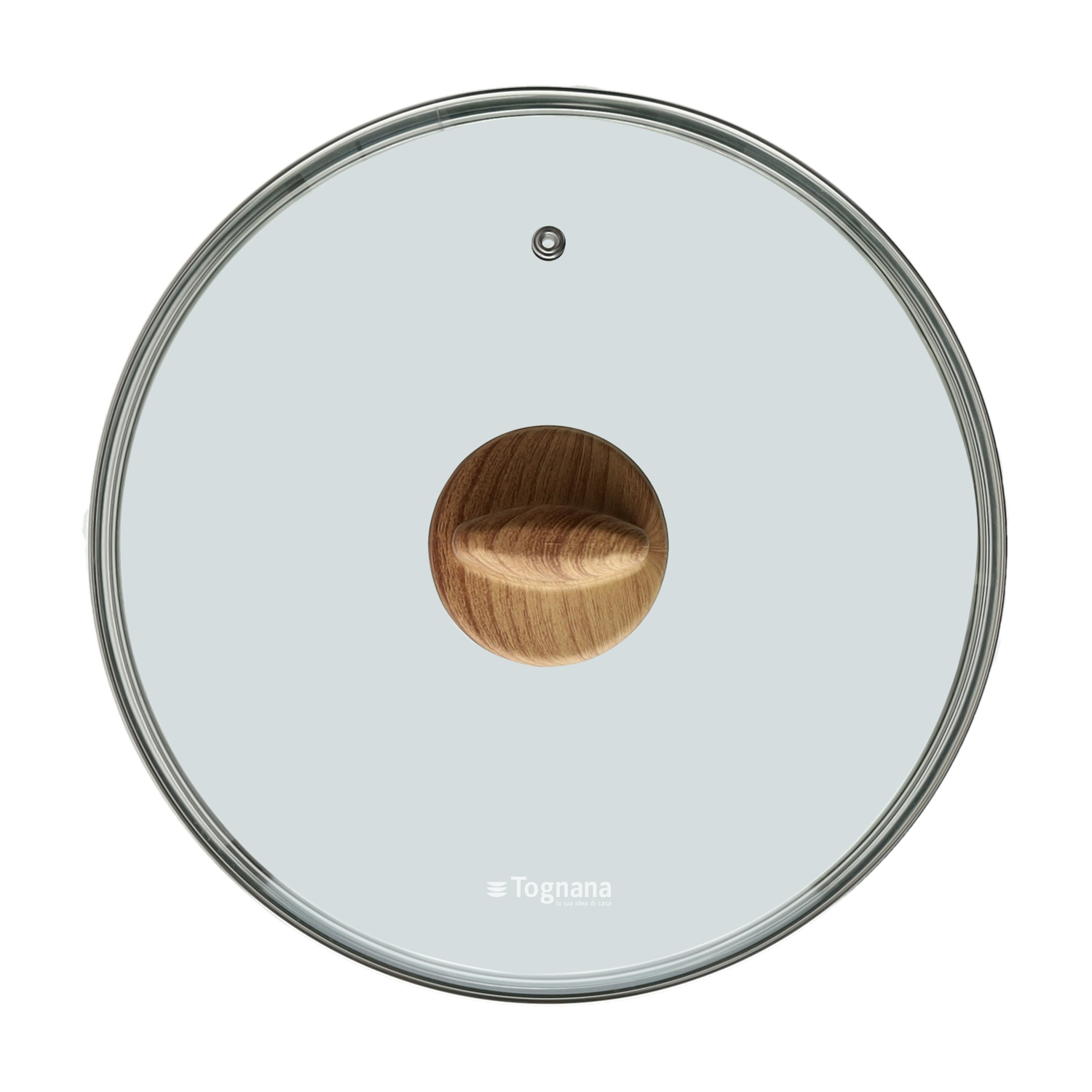 Coperchio in vetro con manico in legno e bordo argentato, su sfondo bianco.