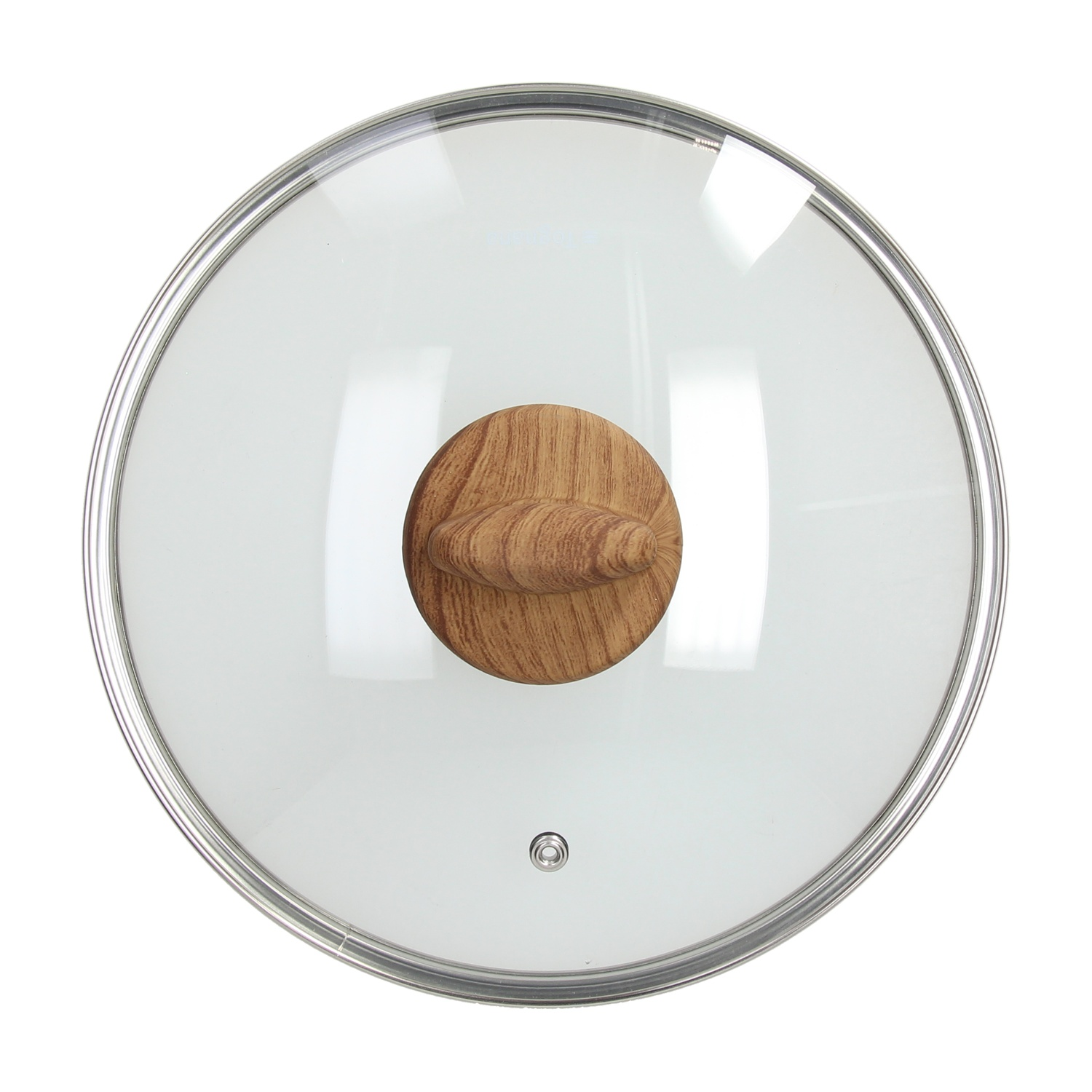 Coperchio in vetro con manico in legno e bordo metallico.