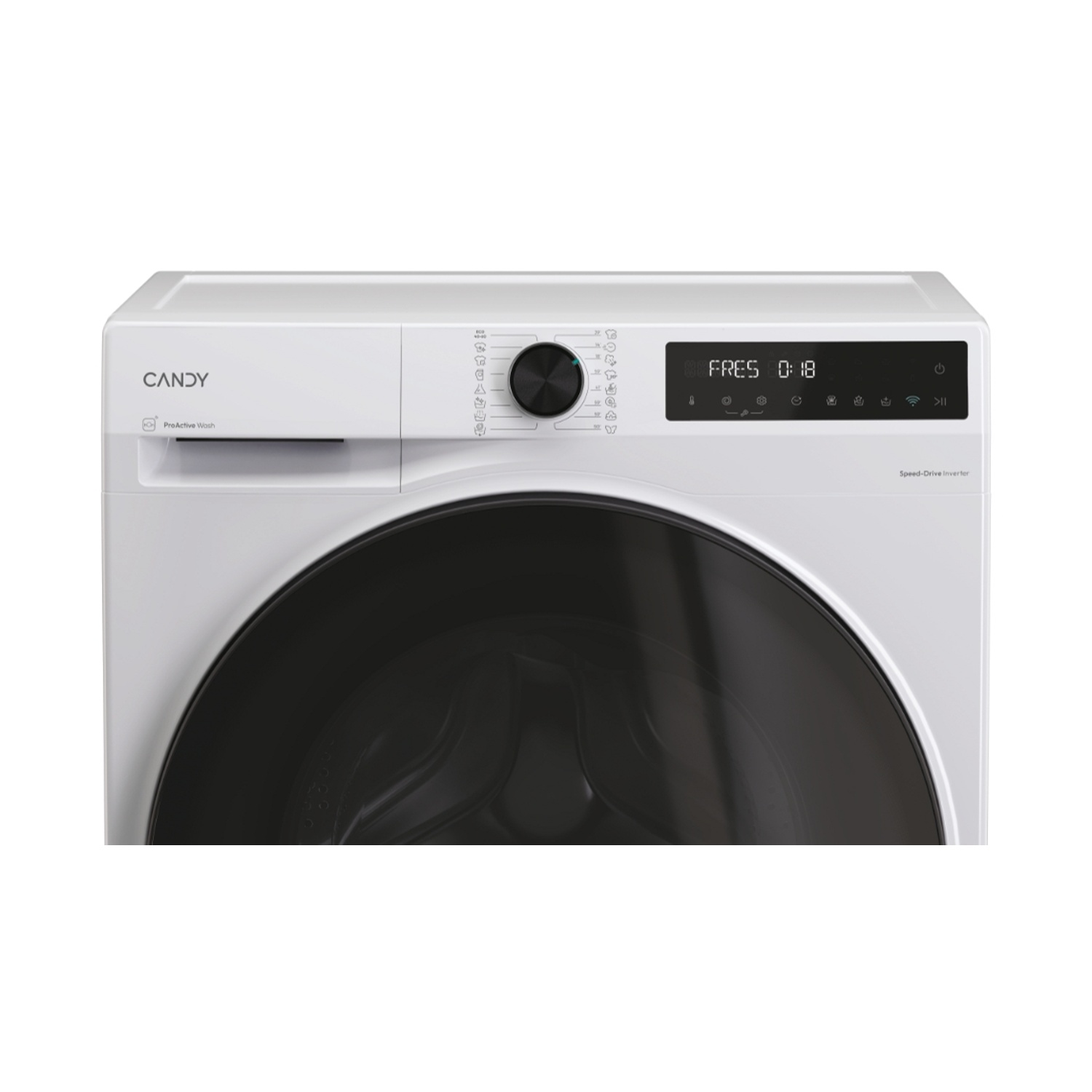 Lavatrice Candy bianca con manopola nera e display digitale che mostra 0:18.