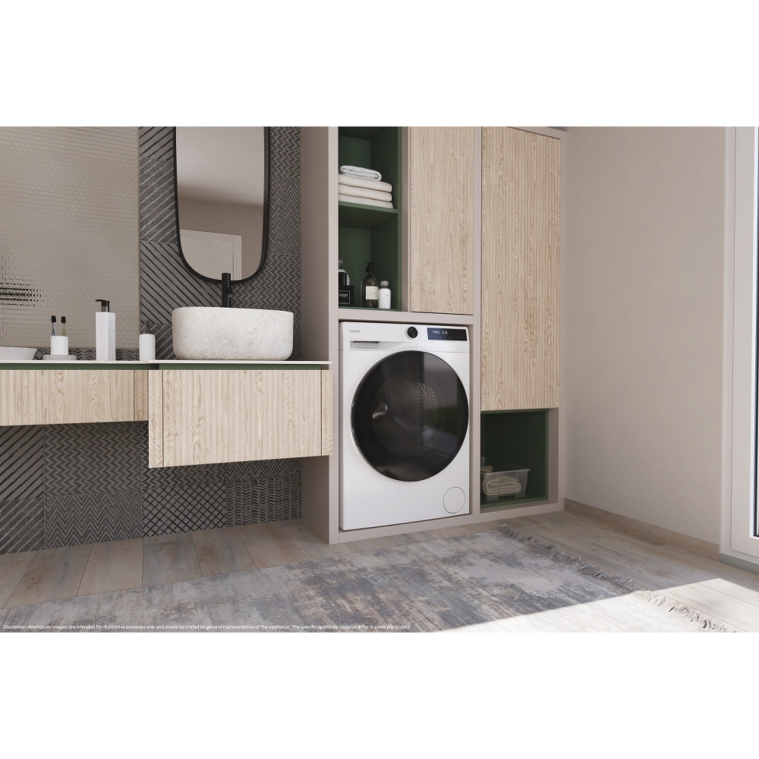 Una lavatrice bianca in un bagno con mobili in legno e lavandino.