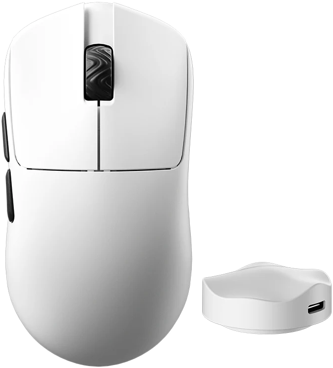 Egy fehér vezeték nélküli egér és egy fehér töltődokkoló USB-C porttal.