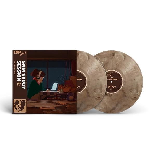 Eine Person mit Kopfhörern lernt am Laptop. Daneben zwei Vinyl-Schallplatten.