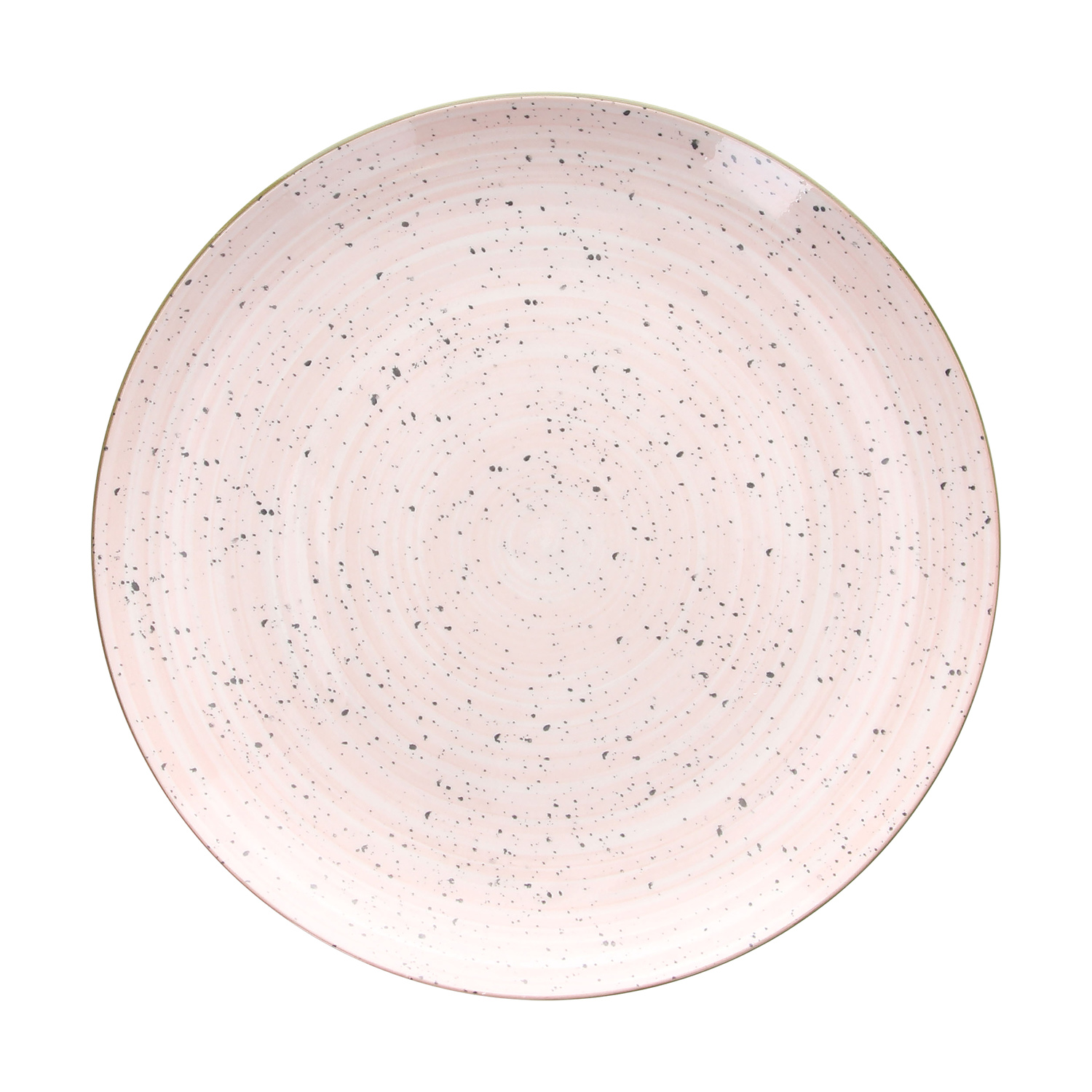 Un piatto in ceramica rosa con macchie scure e bordo dorato.
