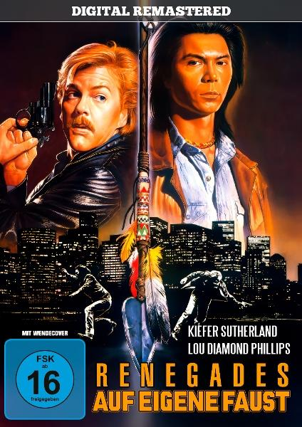 Zwei Männer, ein Speer mit Federn, Stadtkulisse. "Renegades" Filmplakat.