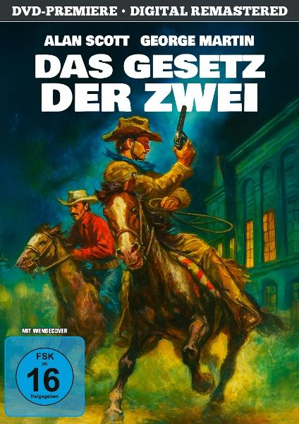 Zwei Cowboys auf Pferden, einer zieht eine Pistole. Im Hintergrund ein Gebäude.