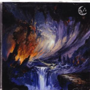 Dunkle Fantasyszene mit Wasserfall, Feuer und einer Mondsichel.