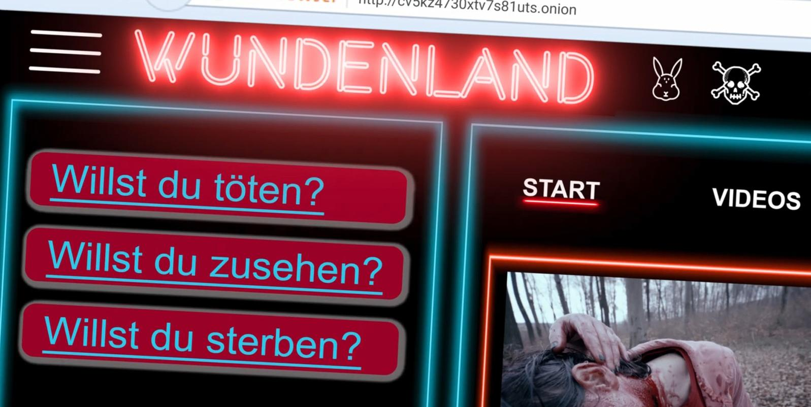 Webseite mit "WUNDENLAND" Schriftzug, Fragen und blutigem Video.