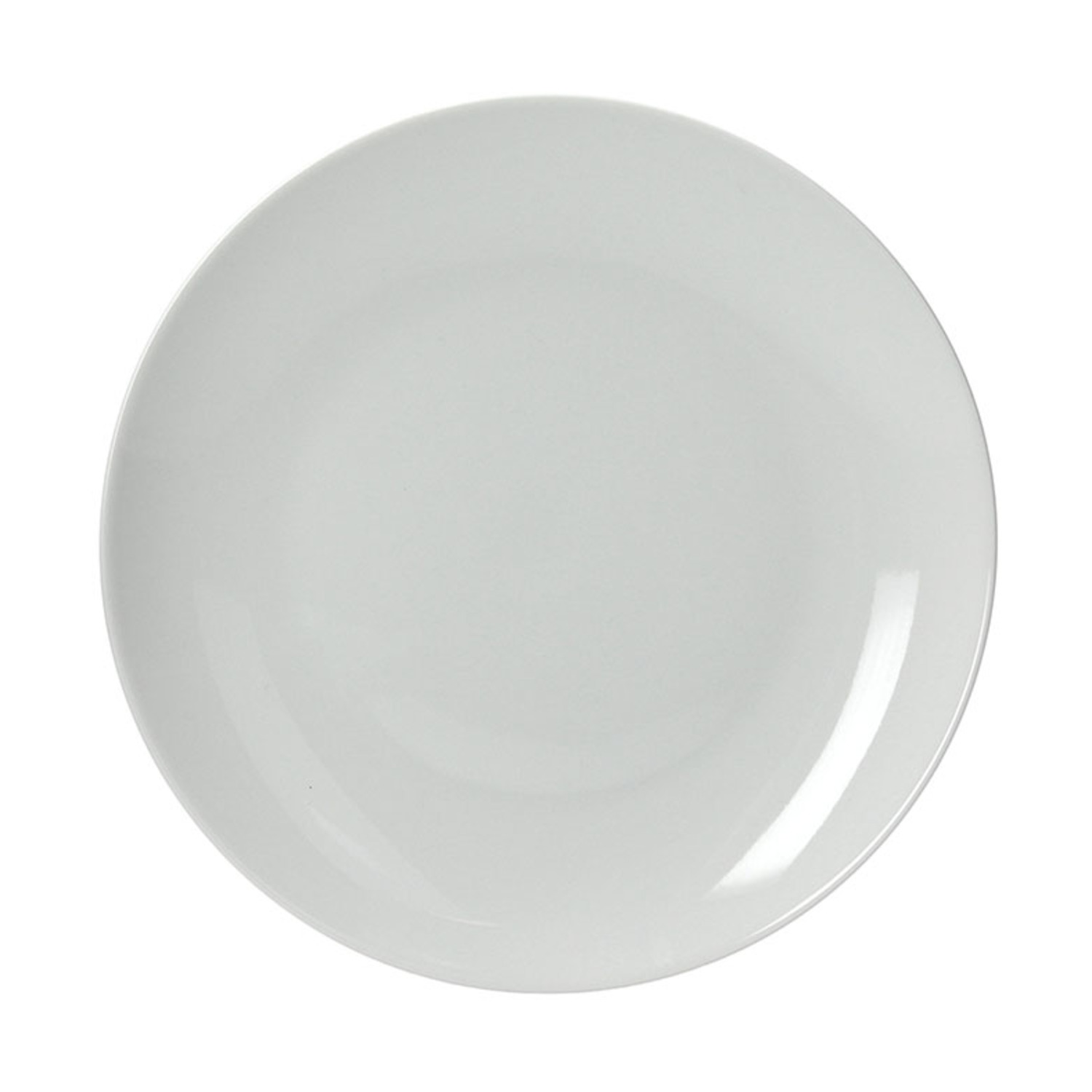 Un piatto rotondo in ceramica bianca, isolato su sfondo bianco.