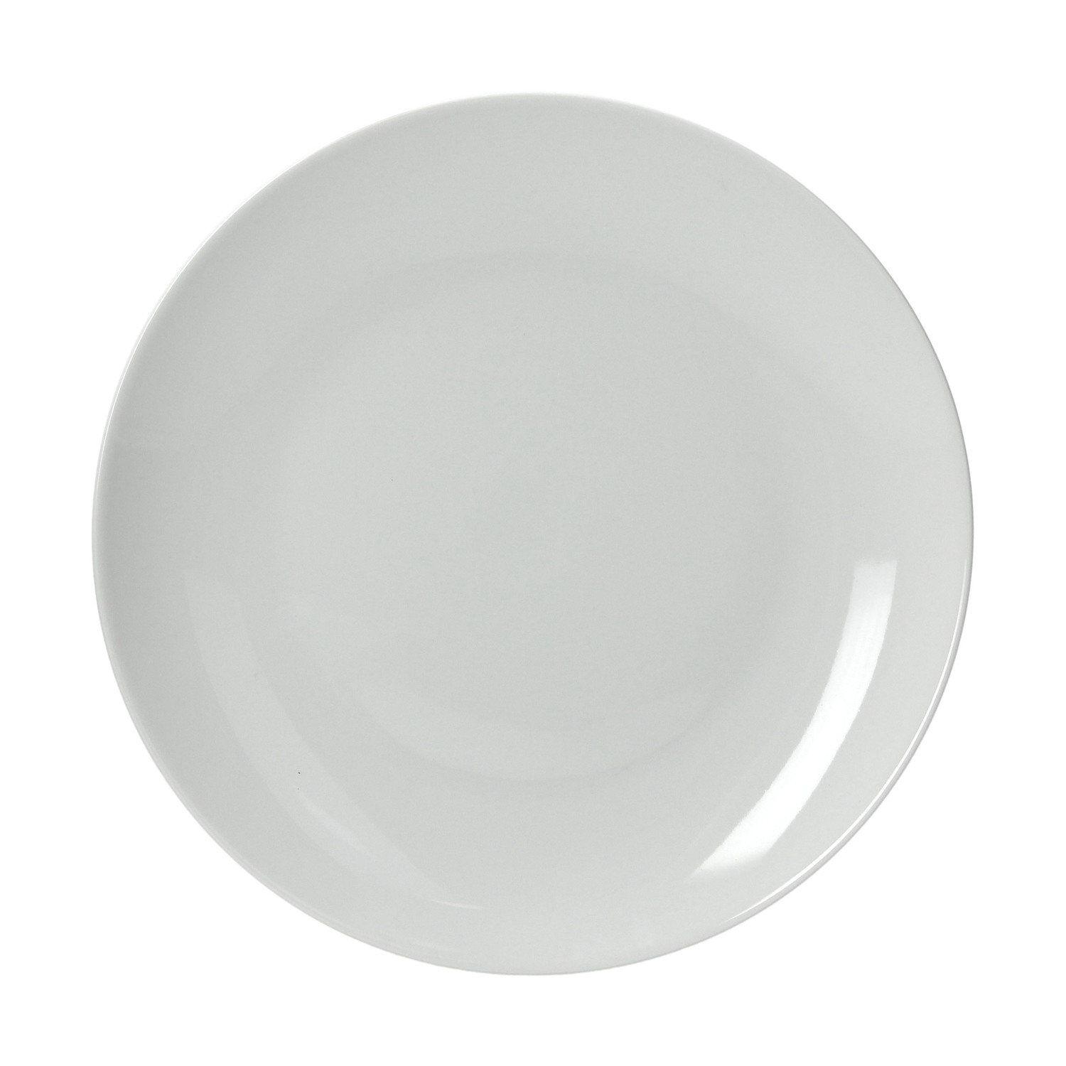Un piatto bianco in ceramica su sfondo bianco, con ombra.