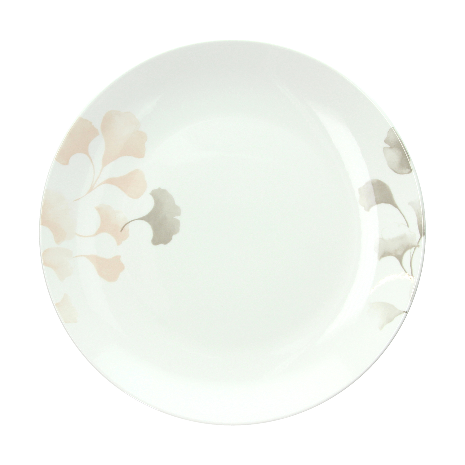 Piatto in ceramica bianca con delicati motivi di foglie di ginkgo rosa e grigio.
