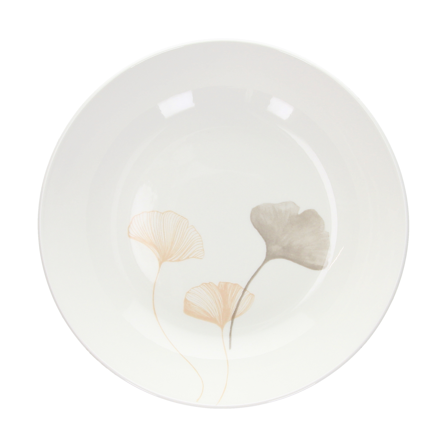 Ciotola bianca con tre disegni di foglie di ginkgo beige e grigie.