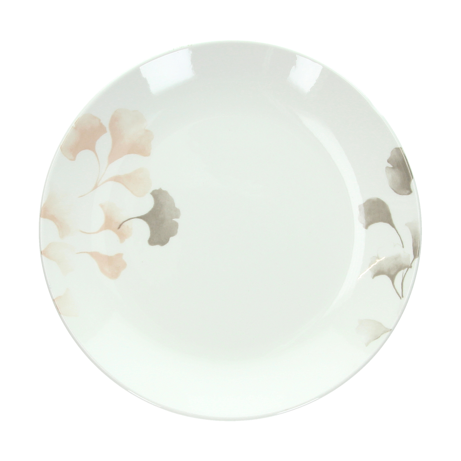 Un piatto in ceramica bianco con motivo a foglie di ginkgo rosa e grigio.