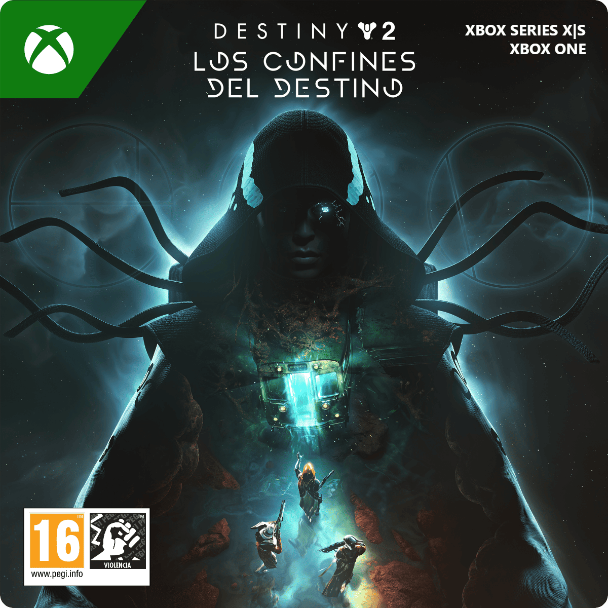 Portada Destiny 2: Figura oscura con cables, tres guerreros adelante, logo Xbox.