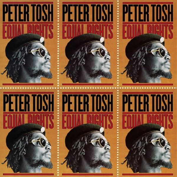 Sechs Briefmarken zeigen Peter Tosh mit Mütze und Brille, mit Text.