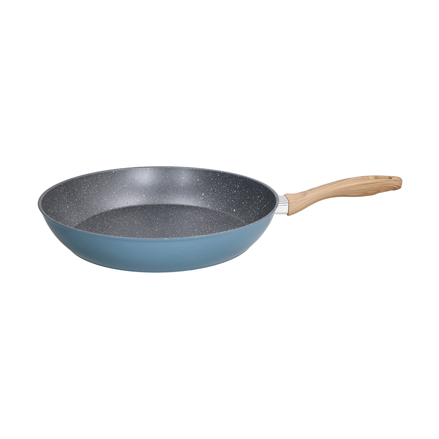Una padella blu con manico in legno, effetto granito, su sfondo bianco.