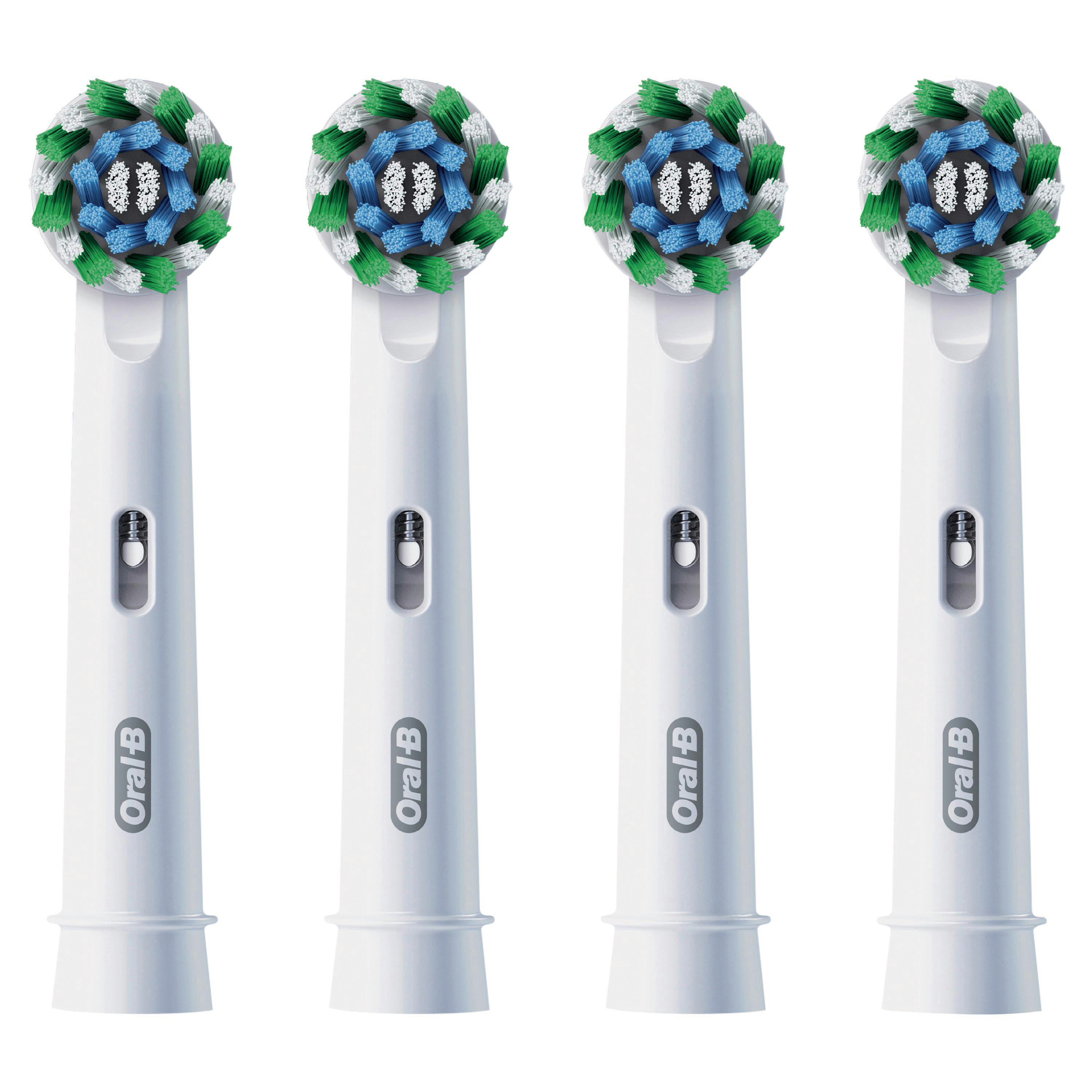 Vier weiße Oral-B Aufsteckbürsten mit blau-grünen Borsten.
