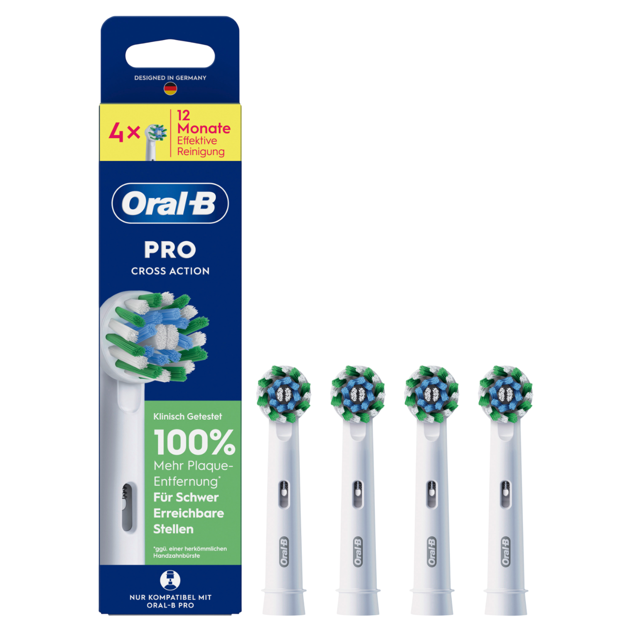 Oral-B Pro Cross Action Zahnbürstenköpfe: 4er-Pack mit blauen, grünen und weißen Borsten.