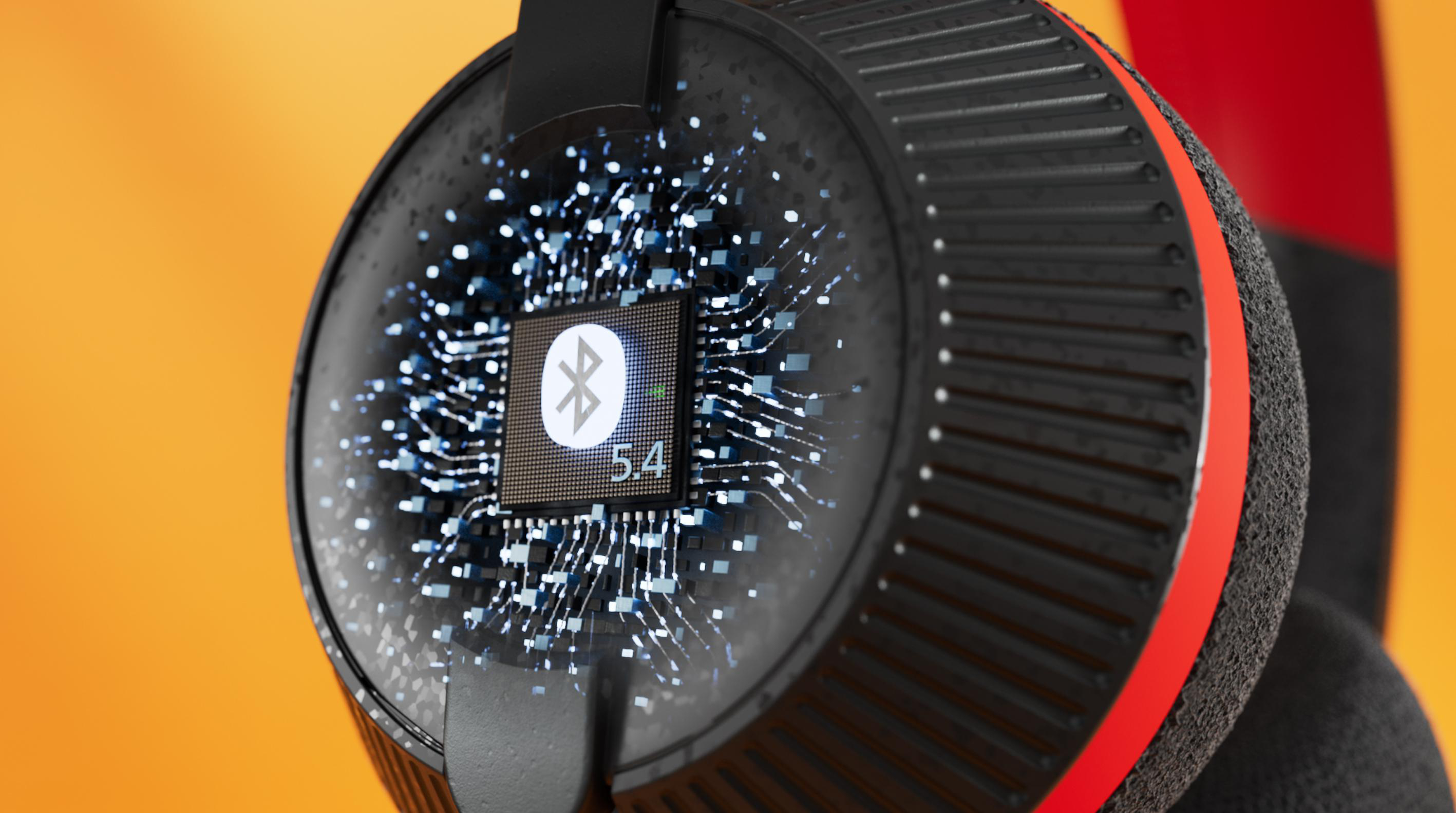 Nahaufnahme eines Kopfhörers mit einem stilisierten Bluetooth-Symbol und der Versionsnummer 5.4.