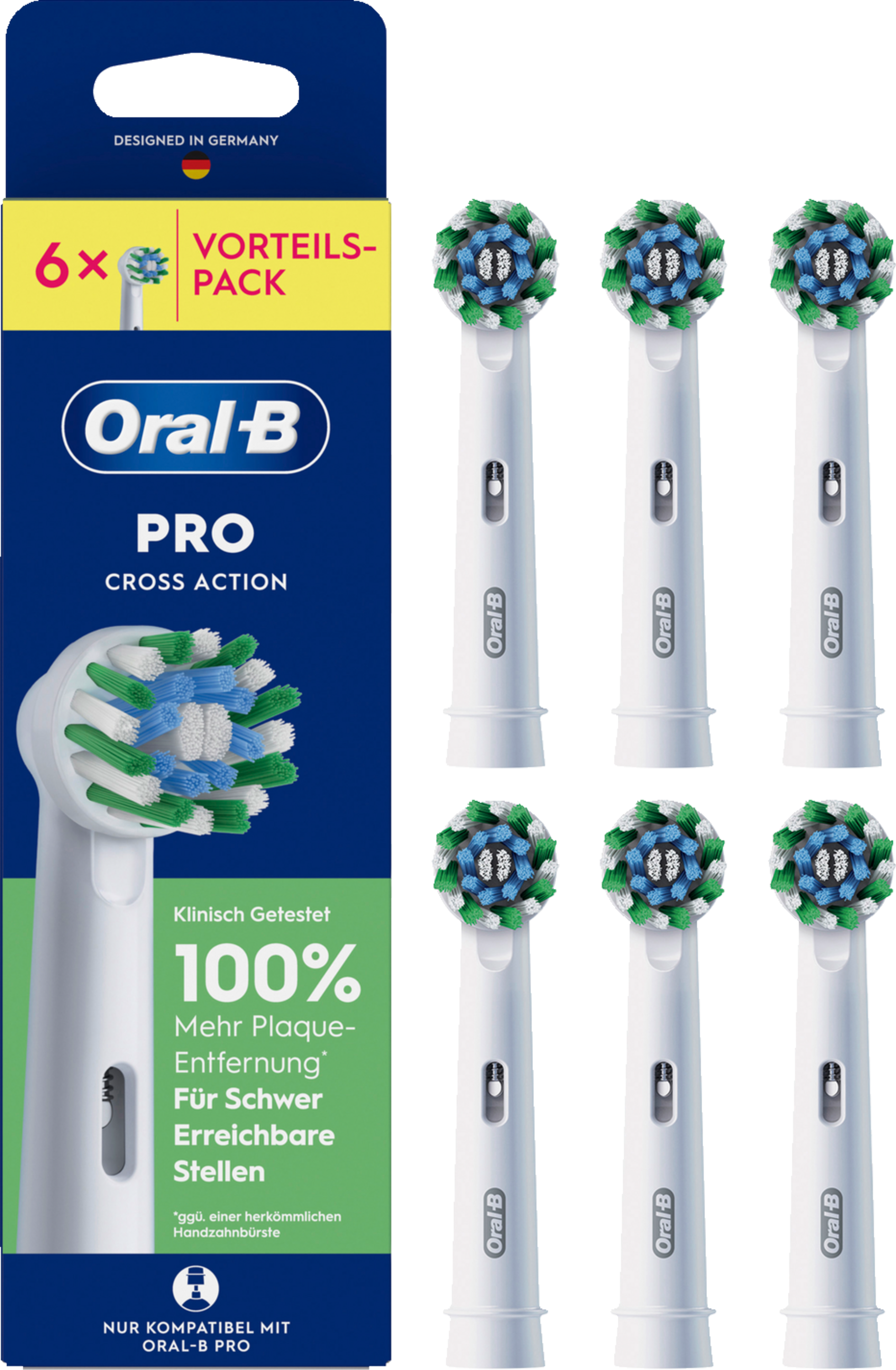 Oral-B Pro Cross Action Bürstenköpfe im 6er Pack, mit blauen, grünen und weißen Borsten.