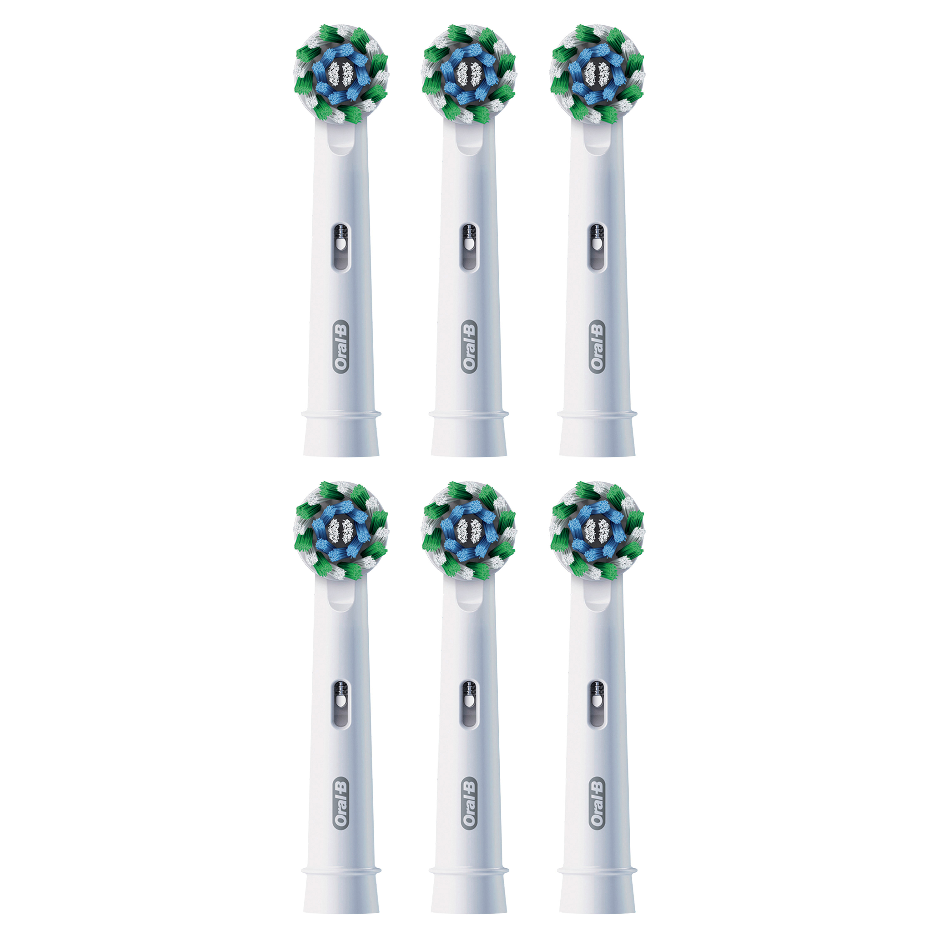 Sechs weiße Oral-B Zahnbürstenköpfe mit blauen, grünen und weißen Borsten.
